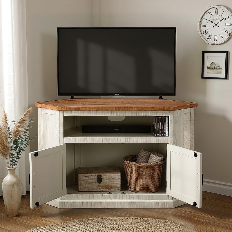 Martin Svensson Home Rustic Corner Solid Wood TV Stand, White and Honey image 6