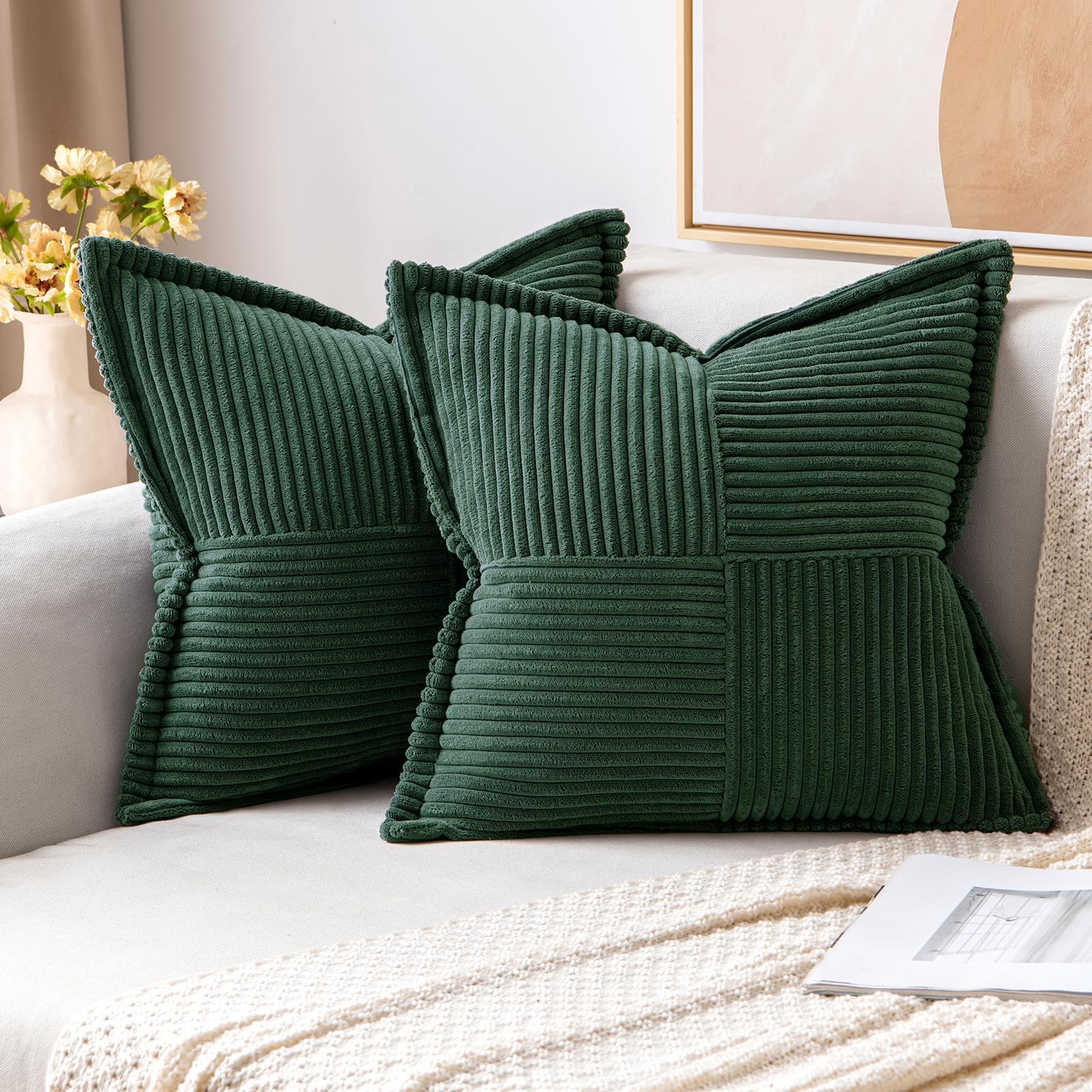 Decorative Throw Pillow Covers for Couch Bed Livingroom 18x18 Inch Set of 2 Dark Green Boho Accent Throw Pllows Broadside Striped Patchwork Soft Corduroy Pillowcases