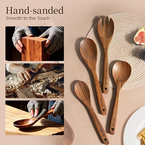 Miniatura 6 de Kikcoin Juego de Utensilios de Cocina de Madera, 10 PCS Cucharas de Madera Maciza de Teca para Cocinar con Mango Largo Resistentes al Calor Juego