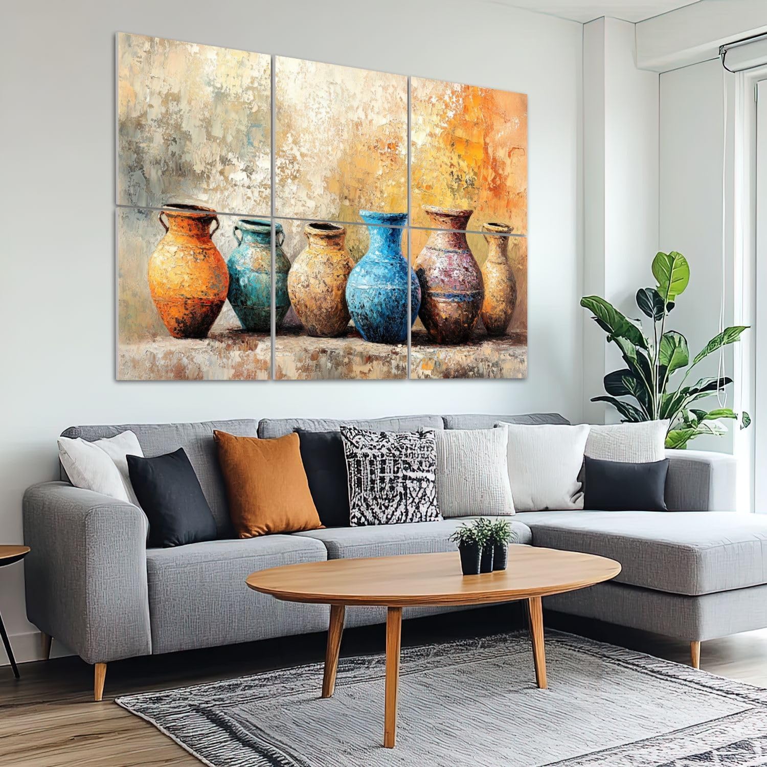 6 Pack Art Acoustic Panels Sound Absorbing Pottery Still Life Vases Earth Tones Bright Blue Orange Hues Abstract Decorative Soundproof Wall Panels Self Adhesive for Recording Studios Office 72"x48"