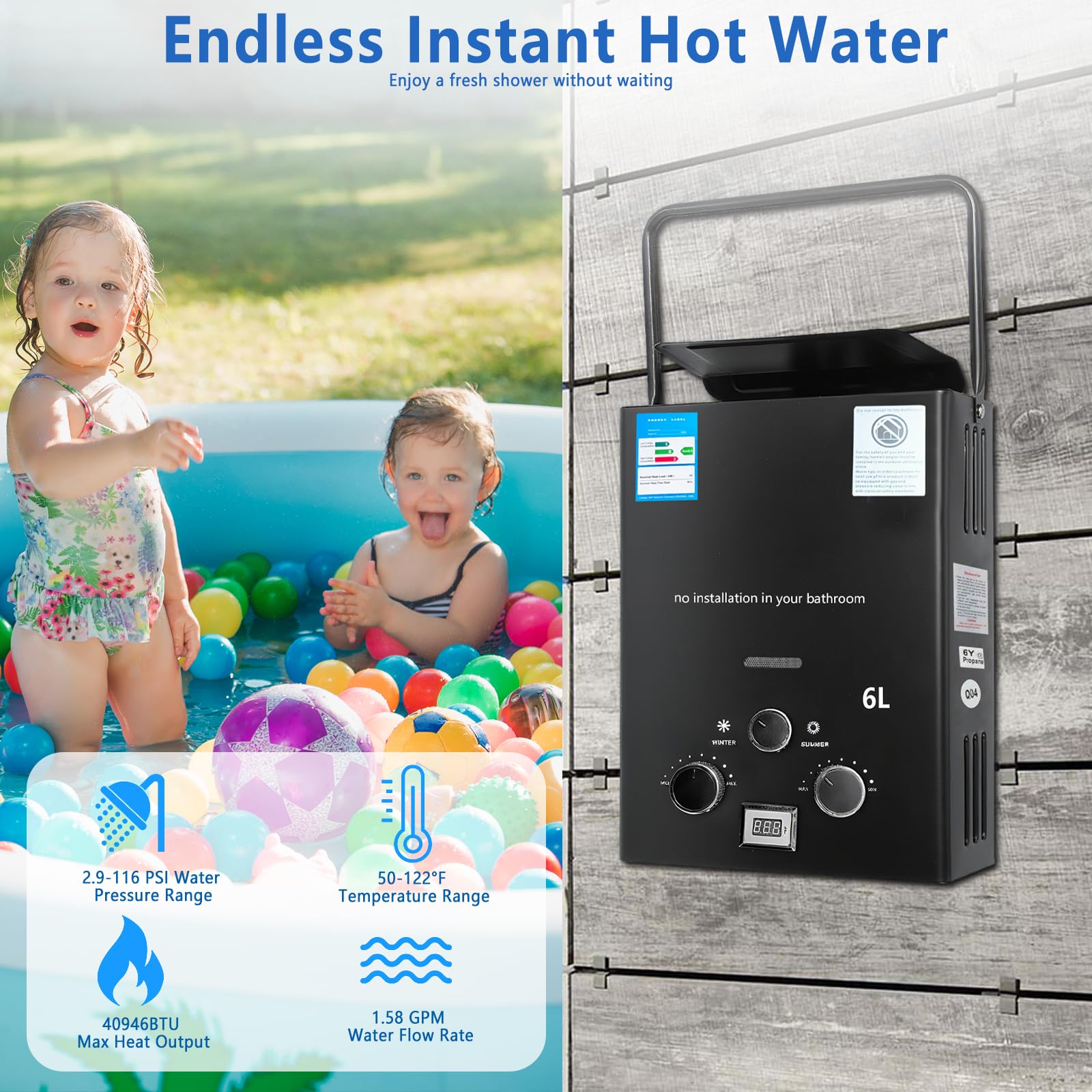 Gas Durchlauferhitzer, 16KW LPG Propangas Durchlauferhitzer, 6L Tragbarkeit Gasdurchlauferhitzer, Heißwasserbereiter Boiler Tankless Instant Boiler, für Camping, Caravaning und Haushalt (mit Henkel)