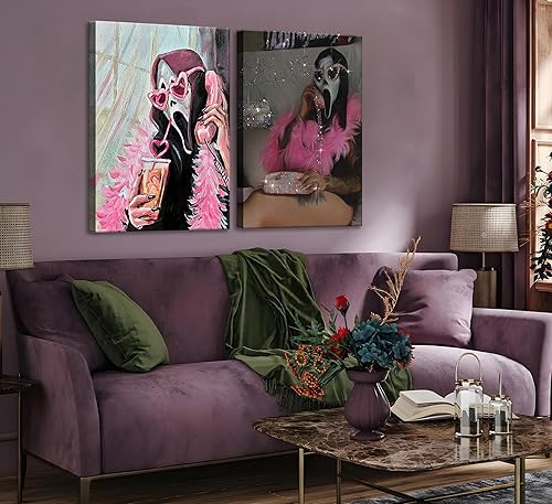 Miniatura 5 de 2 máscaras de fantasmas de Halloween, arte de pared, arte moderno de color rosa, académico, gótico, fantasma, romántico, decoración de pared,
