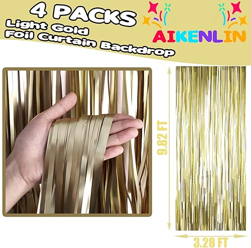 Miniatura 2 de Paquete de 4 cortinas de flecos de papel de aluminio dorado claro de 3.2 pies x 9.8 pies, cortinas de flecos metálicos de oropel para fiestas,