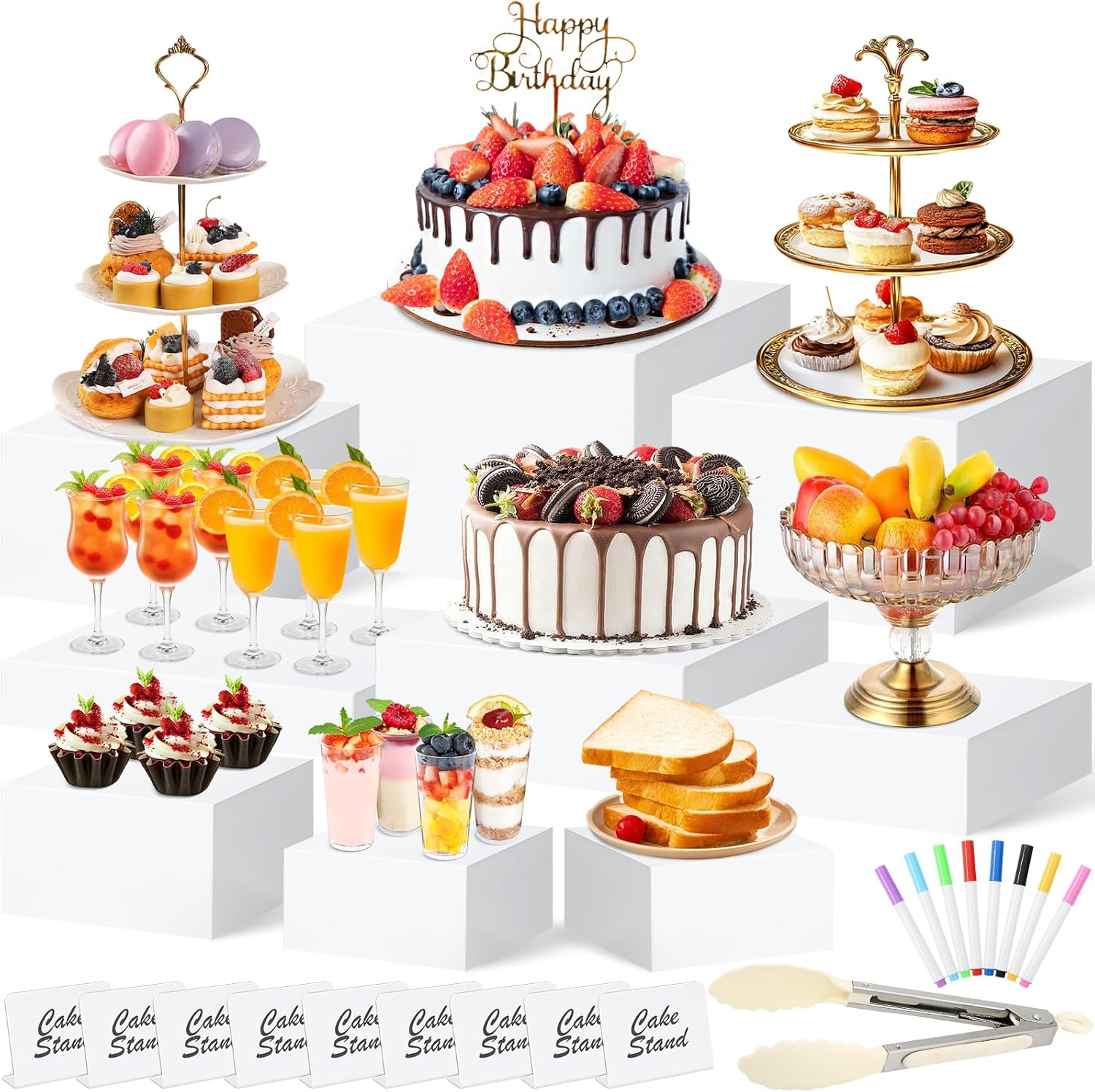 9 PCS White Buffet Risers and Stands | Food Display Risers for Buffet Table | Acrylic Stands with Signs and Markers | Cube Boxes for party, birthday, wedding, Catering, Collection | Size 10’’-9’’-8’’-7’’-6’’-5’’