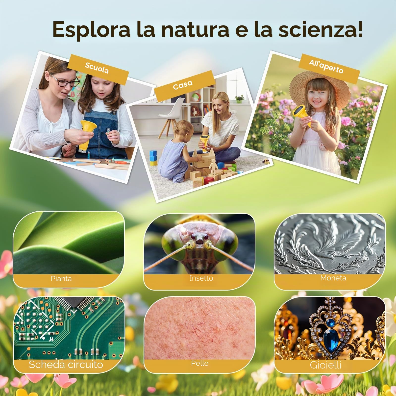 Mini microscopio per bambini, con zoom 1000x, tascabile/portatile, con schermo IPS da 2,0", USB, LED, porta per PC, per esterni, per bambini dai 3 anni in su
