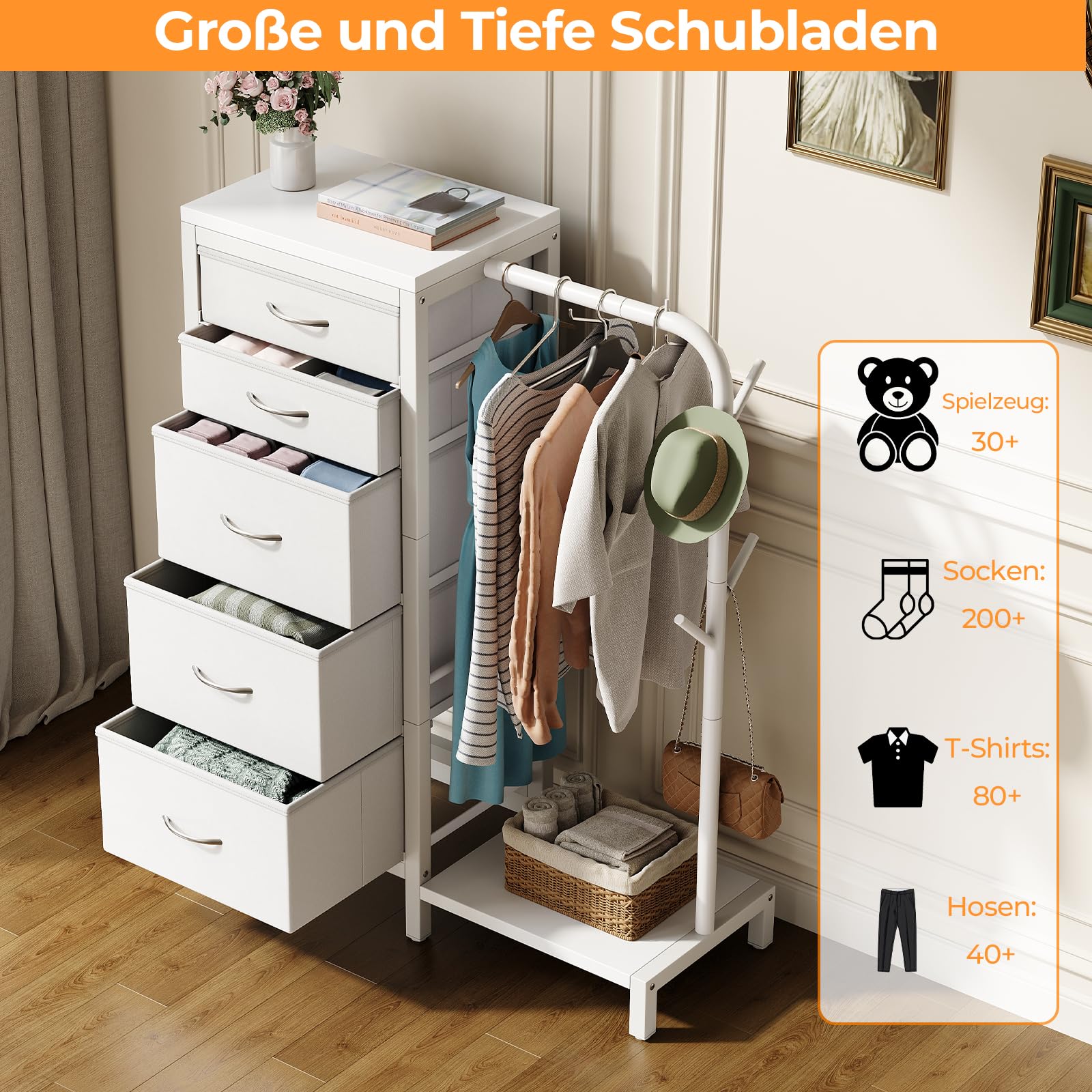 HOMRELEXA Kommode mit Schubladen, Kommode Weiß mit 5 Stoff Schubladen, Kleine Kommodeschrank mit Kleiderstange, Kinderkleiderschrank, Stoffkommode für Schlafzimmer Kinderzimmer Wohnzimmer Flur