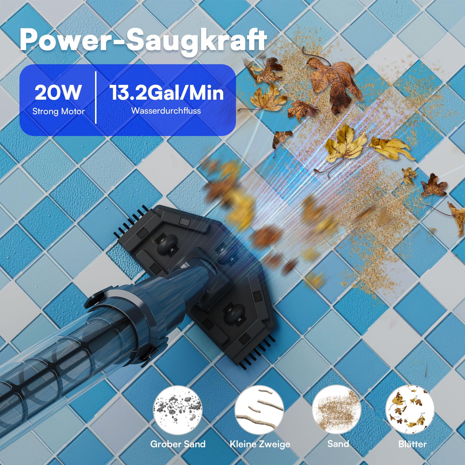 PoolMr Poolsauger Akku Handsauger Whirlpool Sauger Kabelloser Pool Sauger Handgerät |90 Min Laufzeit, 70 L/Min Saugkraft | Mit 2 Bürsten Für Aufstellpool & Unterflur-Schwimmbecken Gegen Sand & Schmutz