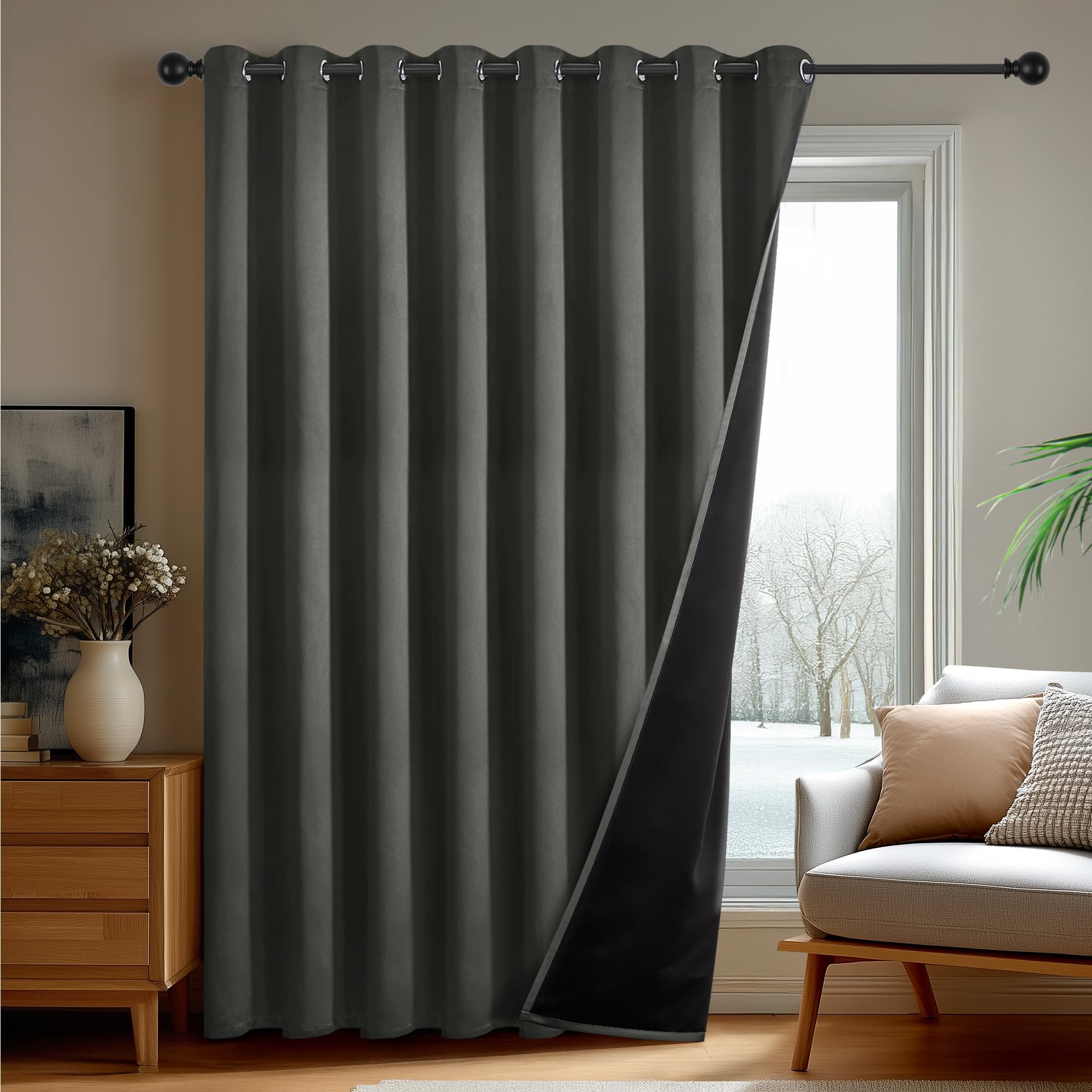 Rideau 100% occultant gris clair Deconovo 280x175 cm pour isoler le salon du bruit et du froid