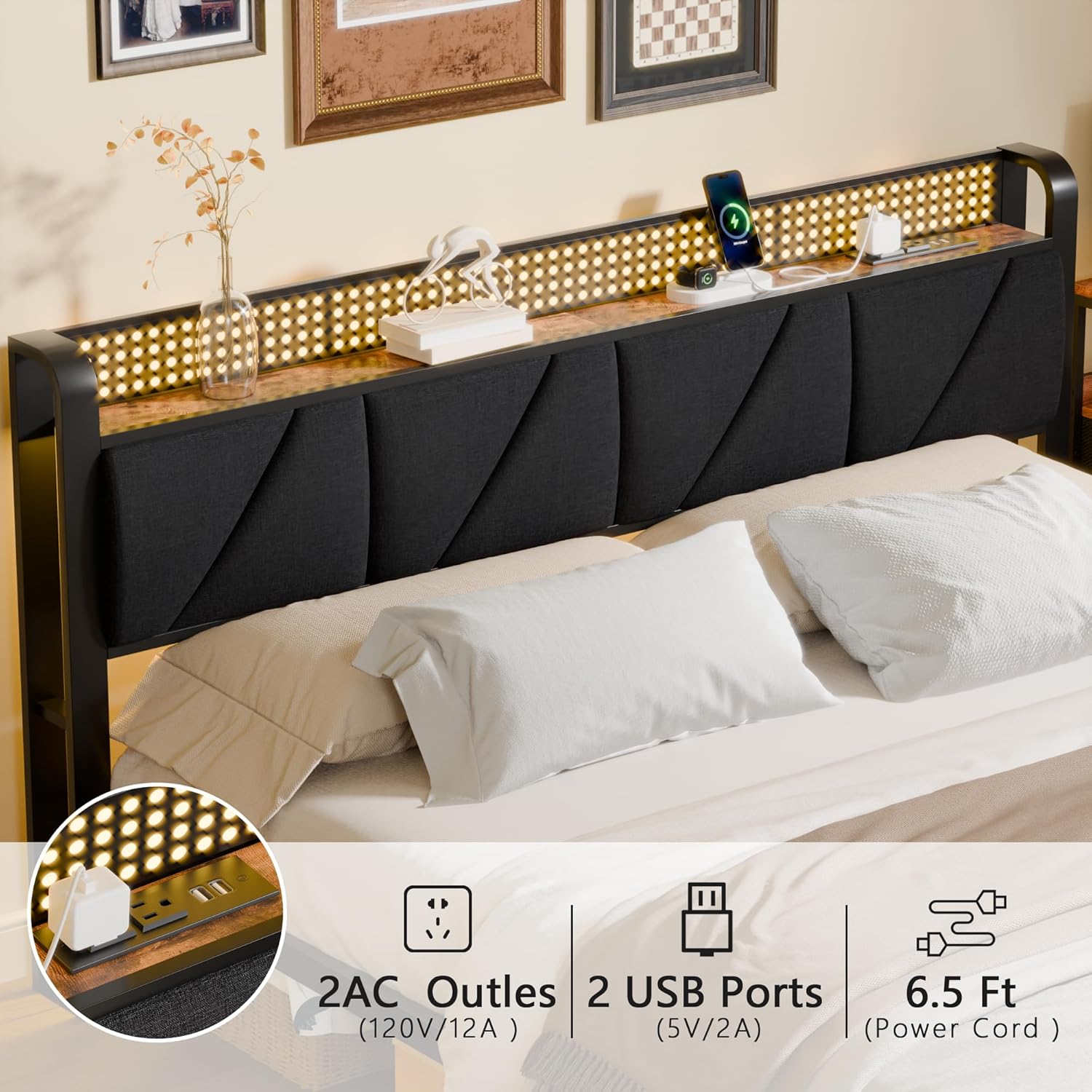 Queen Bed Frame with Headboard and Storage Shelf, LED Light and Charging Station
