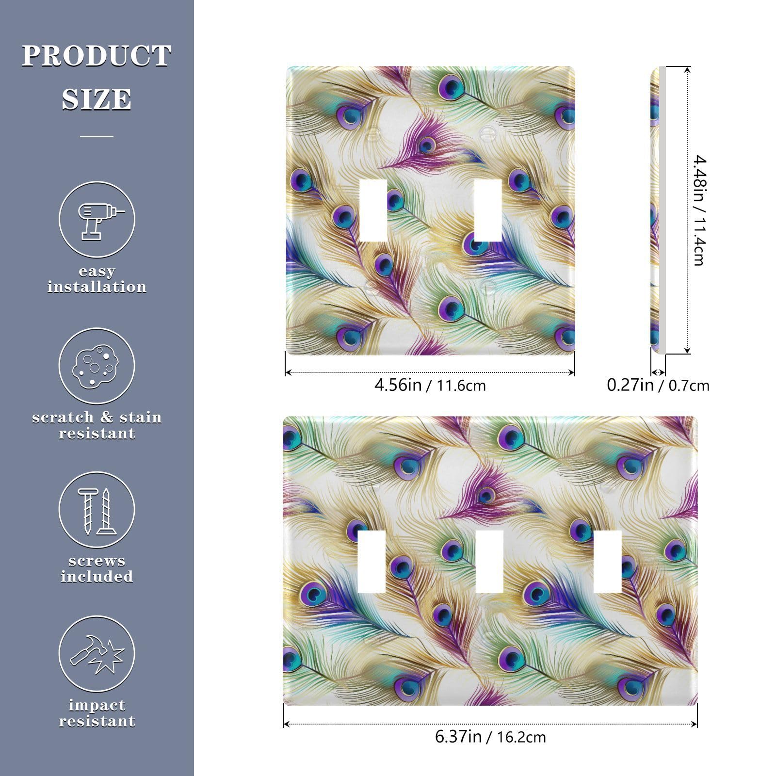 Light Switch Cover Peacock Feather Wall Plates for Electrical Outlets 3 Gang 202a8685