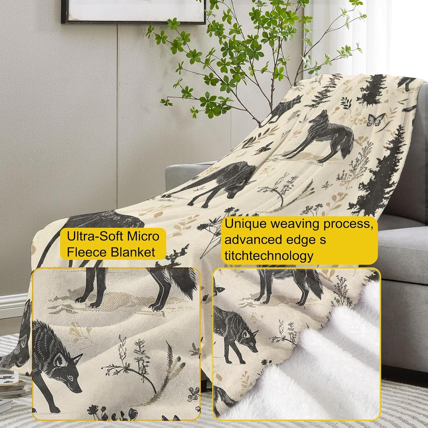 Wolf and Nature Pattern Blanket, Wildlife-Themed Fleece Throw with Wolf and Forest Design, Soft Cozy Lightweight Blanket, for Nature and Animal Lovers, 50x60 in,Decor