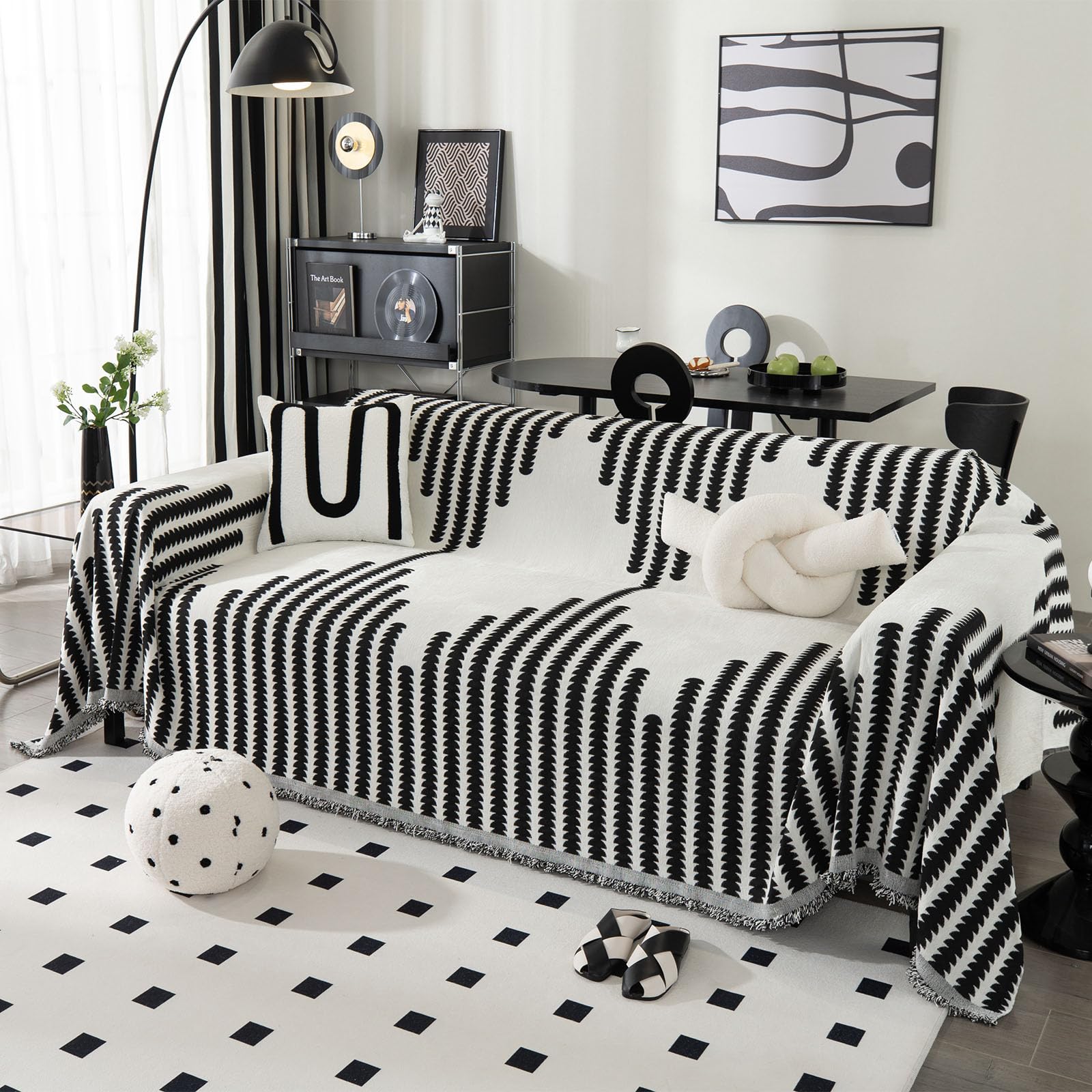AOOTE Boho Couch Cover Sofa Covers, 180x300cm Chenille Couch Covers, All-Season Protection Couchs Cover, Washable, Breathable, Soft Sofa cover for Pet Friendly, Sectional Sofa, 2 3 Seater, Black