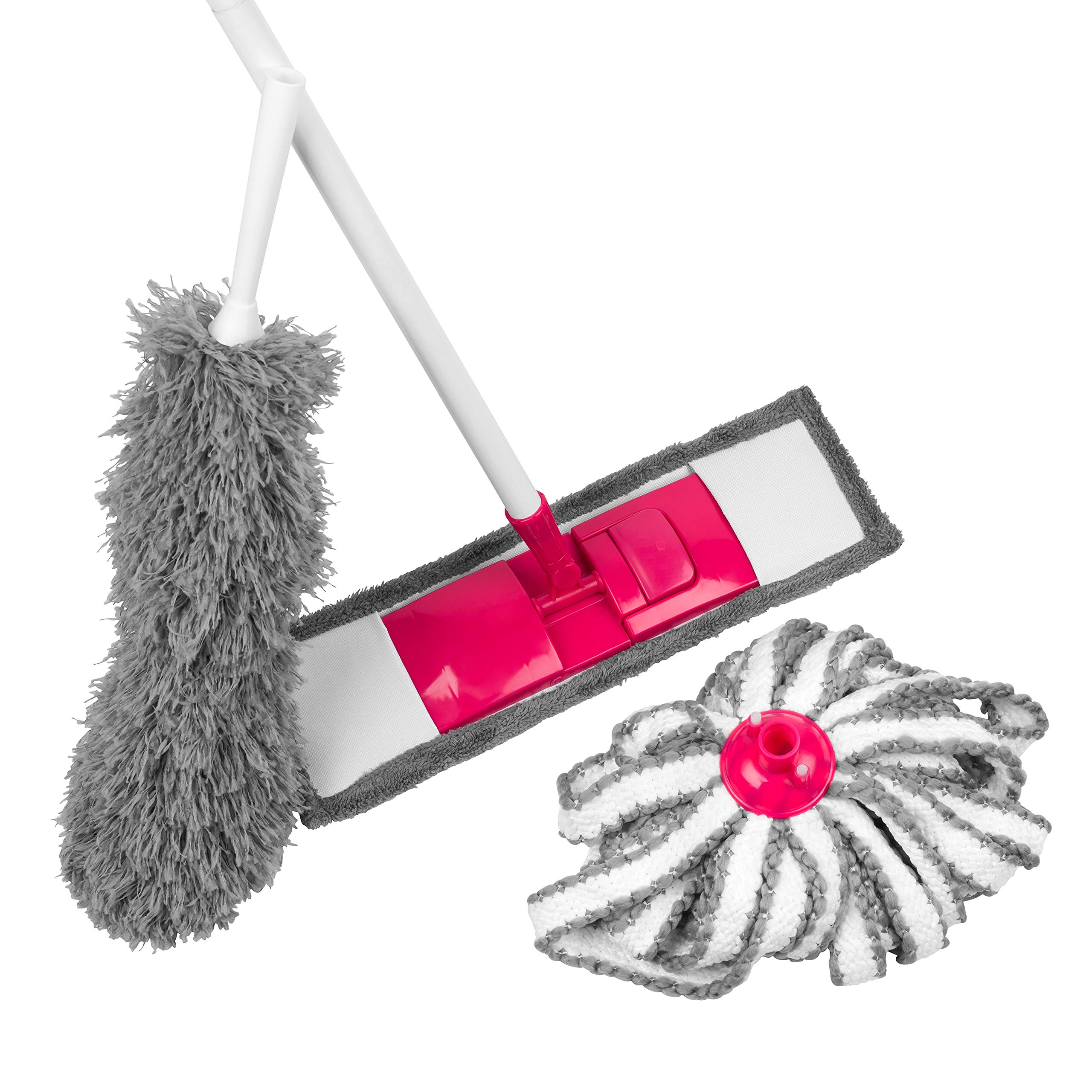 Kleeneze KL065957EU 4-Piece Cleaning Set, Includes Flat Mop, Microfibre Duster, Mop Head and Interchangeable Handle, Compact Design, Grey/Pink