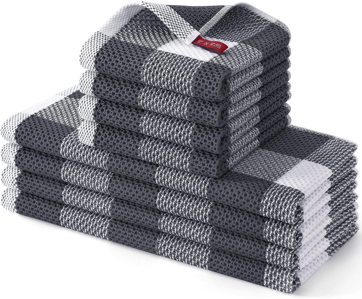 Homaxy Kitchen Towels and Dishcloths Set, 12 x 12 and 13 x 28 Inches, Set of 8 100% Cotton Waffle Weave Check Plaid Kitchen Dish Towels, Super Soft and Absorbent Dish Cloths, White & Dark Grey
