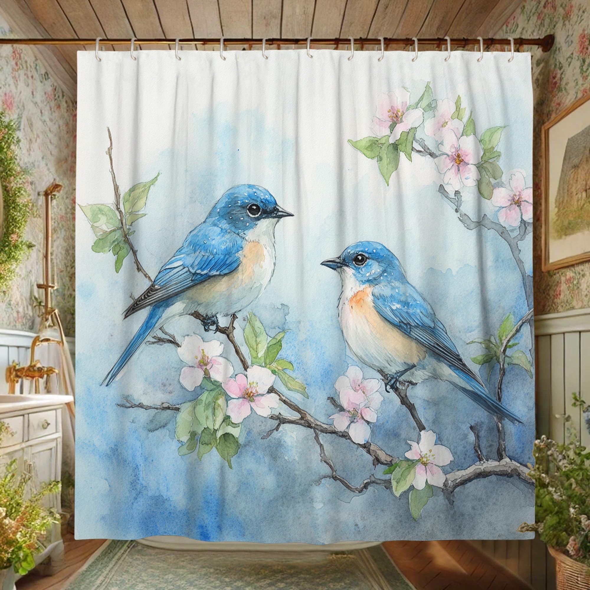 UIYIUI Blue Birds Shower Curtain 37x80in（95x202cm） Watercolor Peach Flowers Bath Curtain for Bathroom Decor, Spring Summer Modern Nature Theme Garden