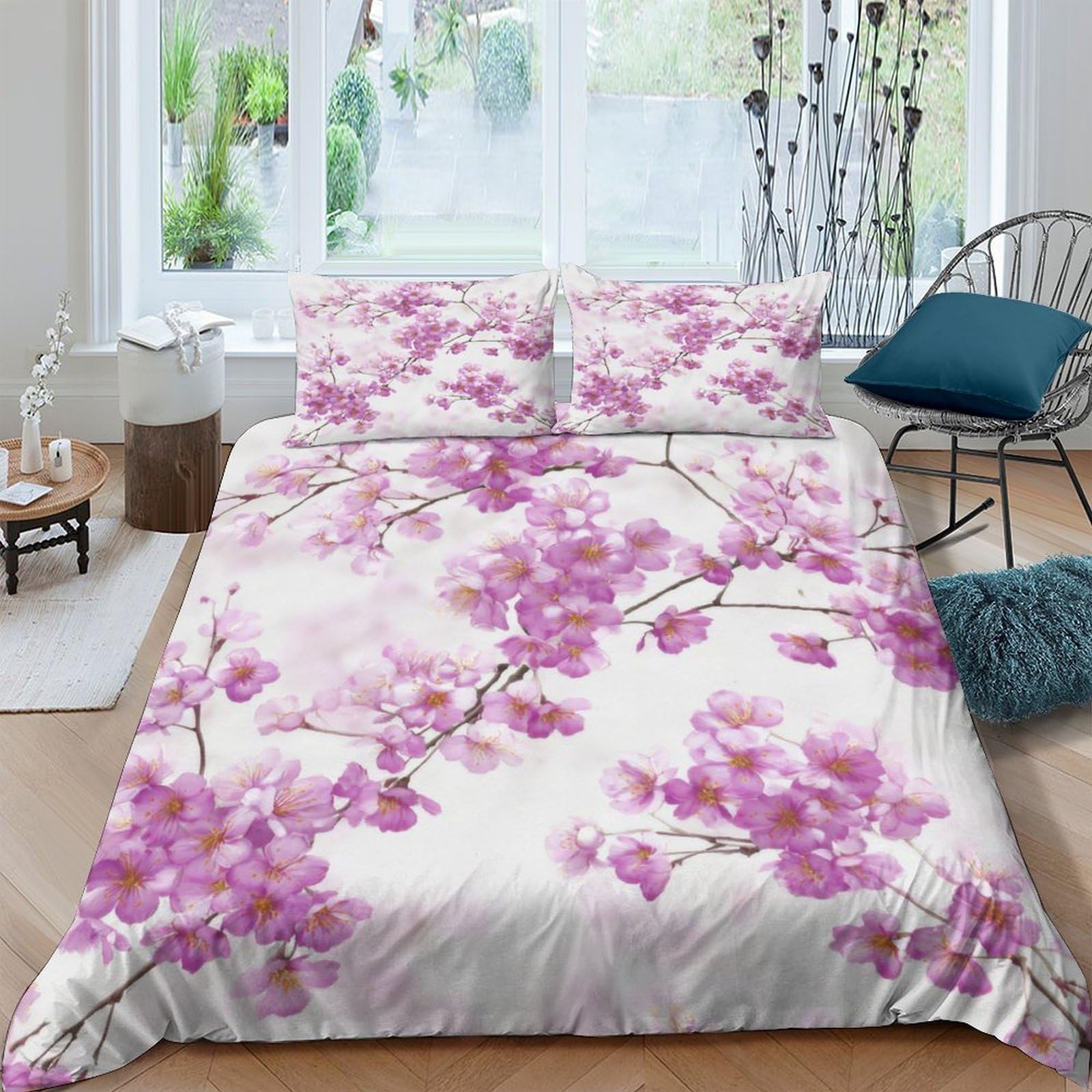 Ctjqhvkz Style-1 3D Printed Sakura Blossom Fitted Sheet Microfiber Pink Floral Mattress Cover For Bedroom Guest Room Home Decor Easy Care Single（135X200cm）