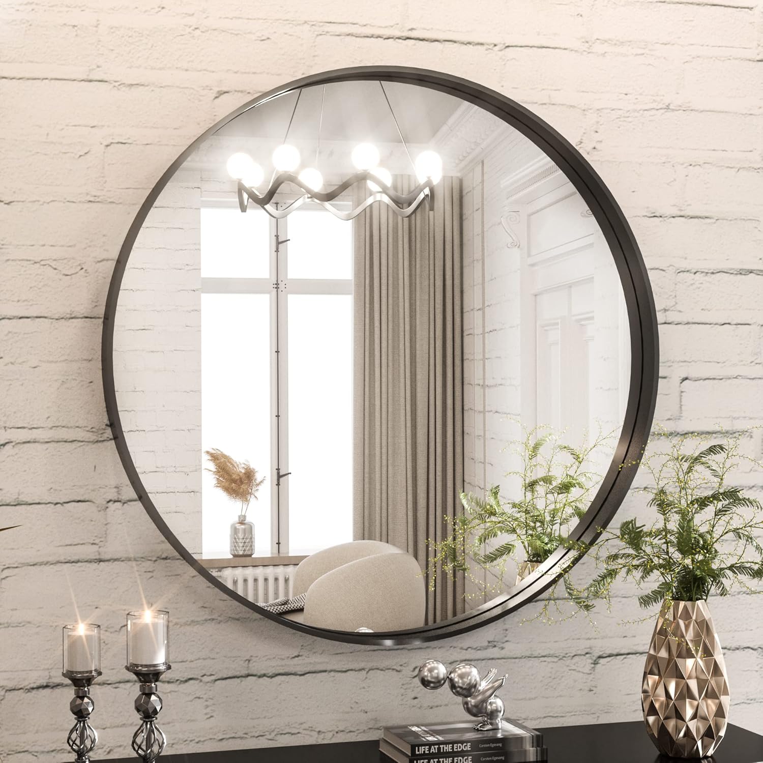 TokeShimi Round Black Mirror 24 Inch for Wall Decor Black Circle Bathroom Mirror with Non-Rusting Aluminum Alloy Brushed Matte Metal Frame for Modern Minimalist Farmhouse Home Decor 24"L x 24"W Round Black