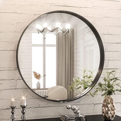 TokeShimi Espejo redondo negro de 24 pulgadas para decoración de pared, espejo de baño circular negro con aleación de aluminio antioxidante, marco