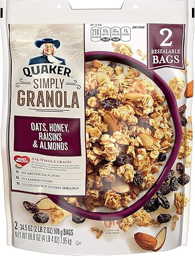 Quaker Natural Granola Avena, miel, pasas y almendras, dos bolsas de 34.5 onzas, juego de 4