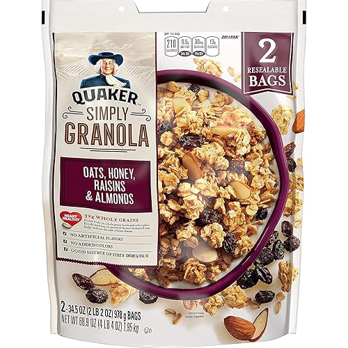 Quaker Natural Granola Avena, miel, pasas y almendras, dos bolsas de 34.5 onzas, juego de 3