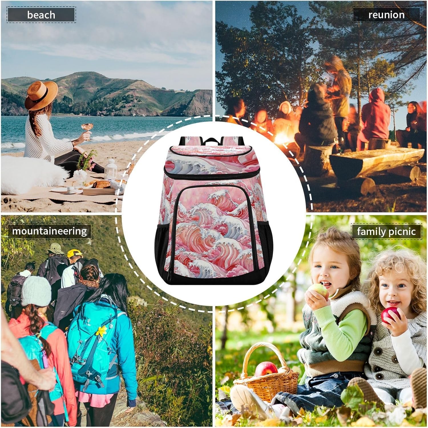 Red Wave Cooler Backpack 36 Cans Leakproof Waterproof Backpack Cooler Bag Beach Accessories Travel Camping Fishing Backpack for Women Men