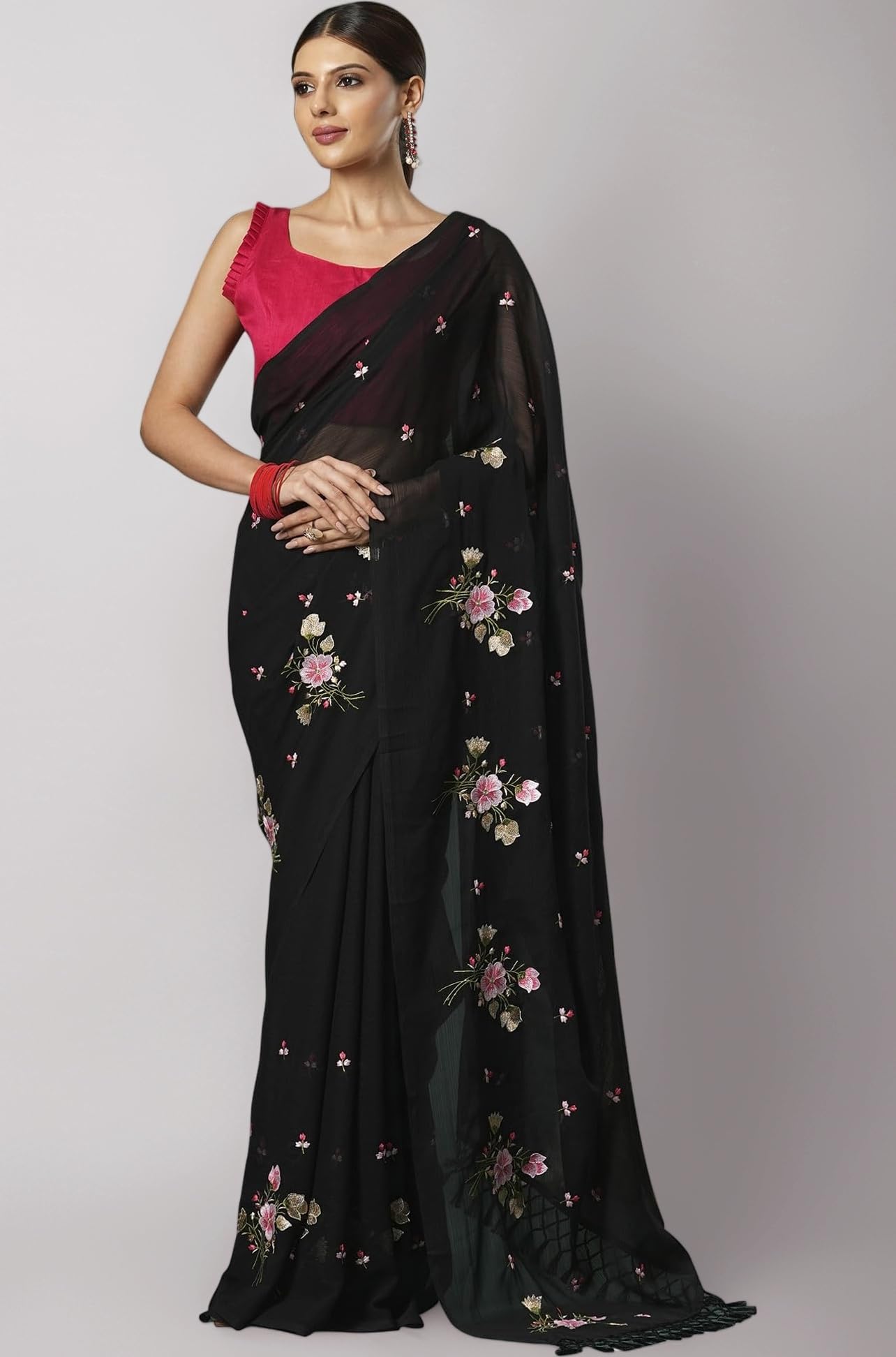 SAREE MALL Women's Chiffon Embroidered Saree With Unstitched Blouse (33KAVI3301_RT_Parent)