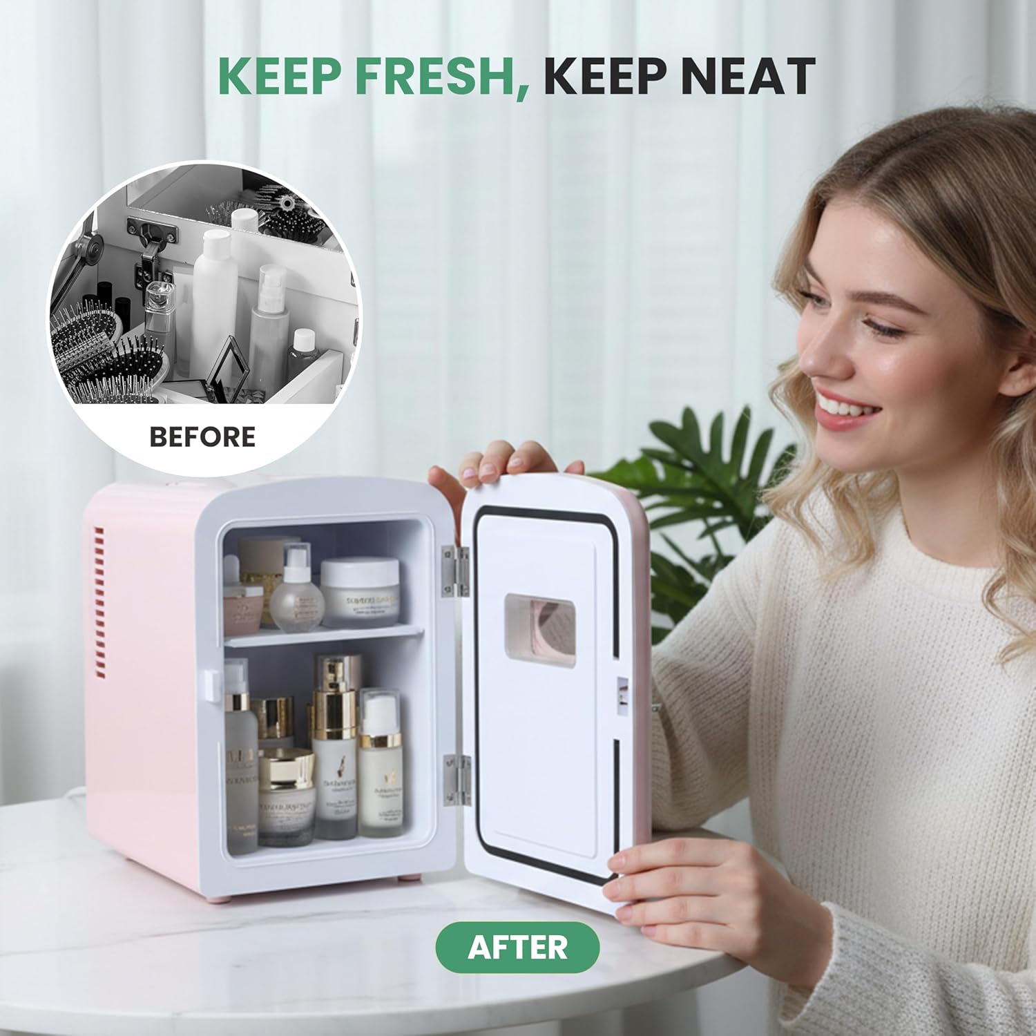 Simple Deluxe Mini Fridge with Viewing Window, 4L/6 Can Portable Cooler & Warmer, Freon-Free Small Refrigerator for Skincare, Drinks, Snacks & Cosmetics, Pink