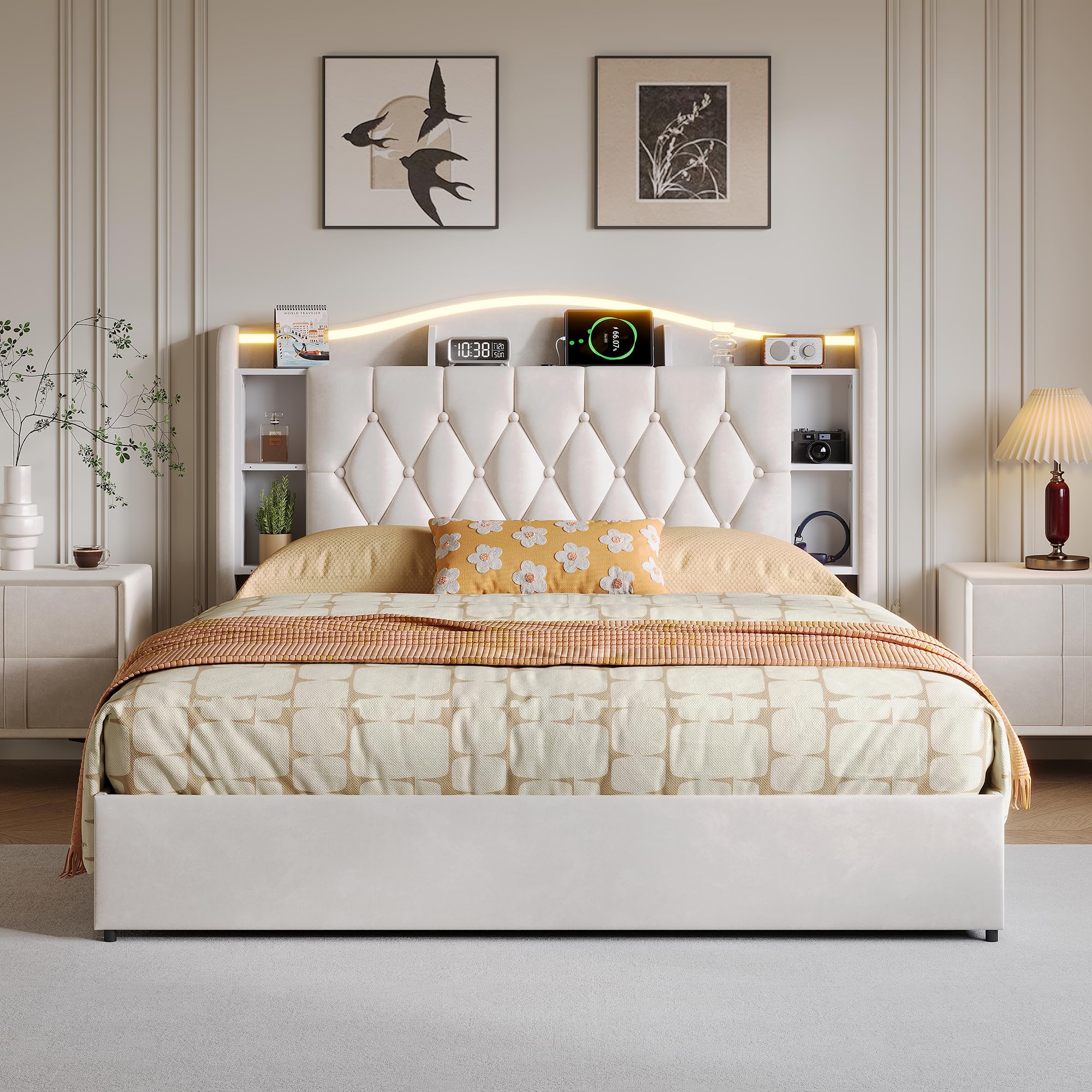 BRILVERDE Łóżko tapicerowane 160 x 190 cm, z miejscem do przechowywania, podwójne łóżko z diodami LED/USB, rama łóżka ze stelażem i zagłówkiem, łóżko młodzieżowe dla dorosłych i młodzieży, aksamitne