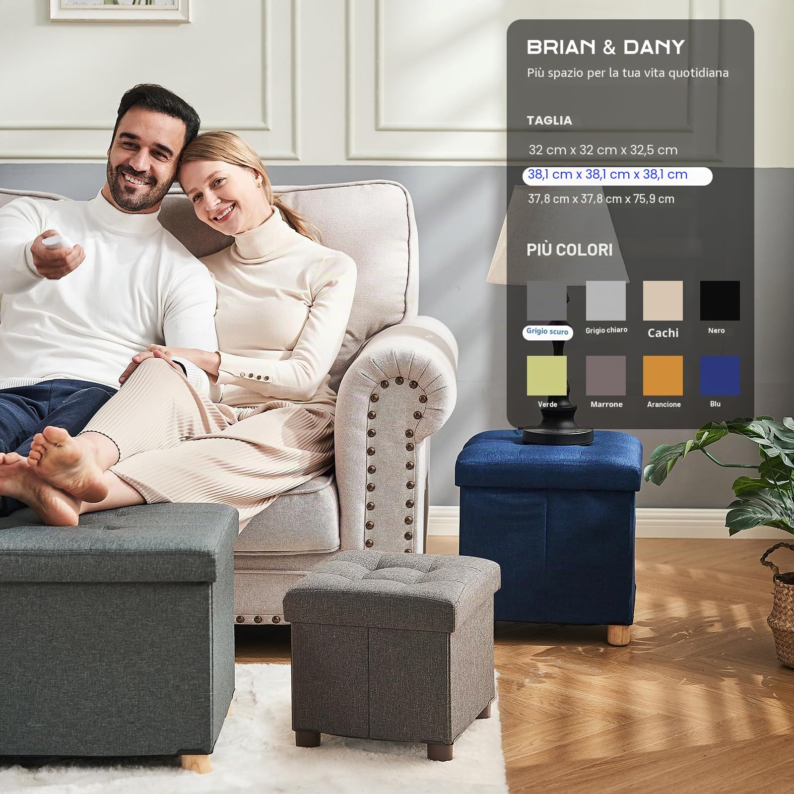 BRIAN & DANY Pouf Cubo Poggiapiedi Sgabello Contenitore Cassapanca Pieghevole 38 x 38 x 40 cm, Grigio