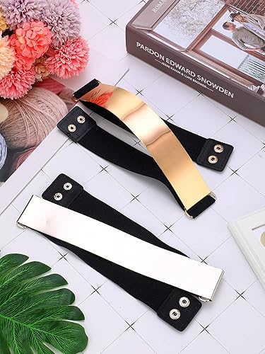 Miniatura 7 de Chuangdi Cinturón de vestir de cintura elástica con espejo para mujer, cinturón ajustado para mujer, cinturón elástico de espejo de metal, 2 piezas