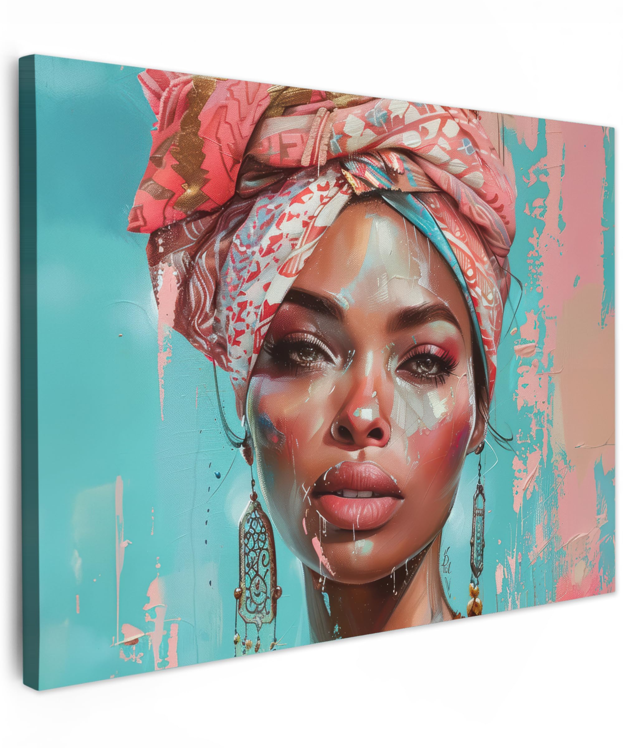MuchoWow© Canvas Wall Art 28"x20" / 70x50 cm Home Decor Paintings for Living Room Decorations Gifts Hallway Woman - Portrait - Blue - Pink - Modern — image 1