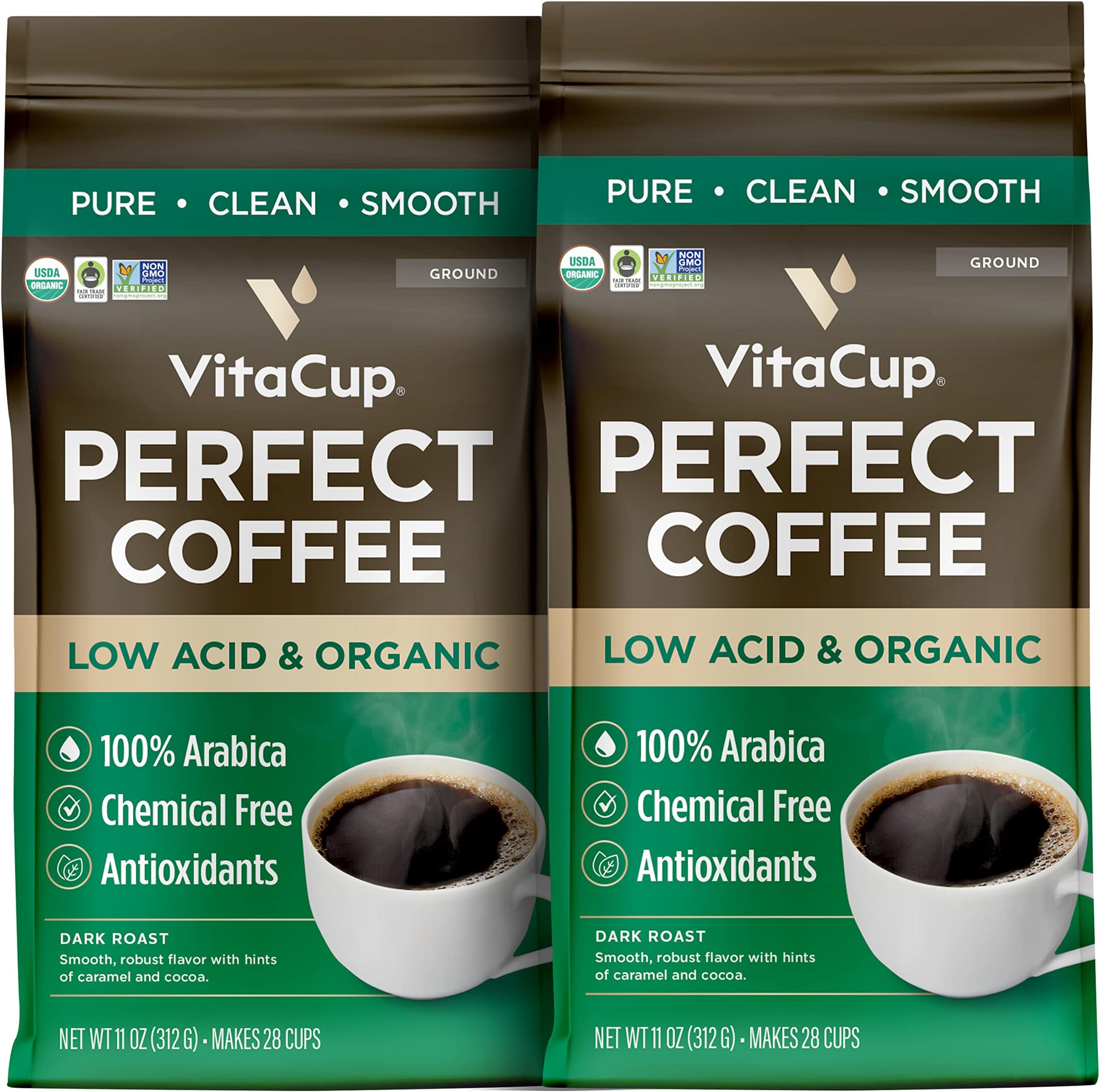 VitaCup Perfect Low Acid Coffee Ground, USDA Organic & Fair Trade, Mycotoxin Free, Dark Roast Guatemala Single Origin, Clean & Pure for Drip Coffee Brewers and French Press, 20 ounces