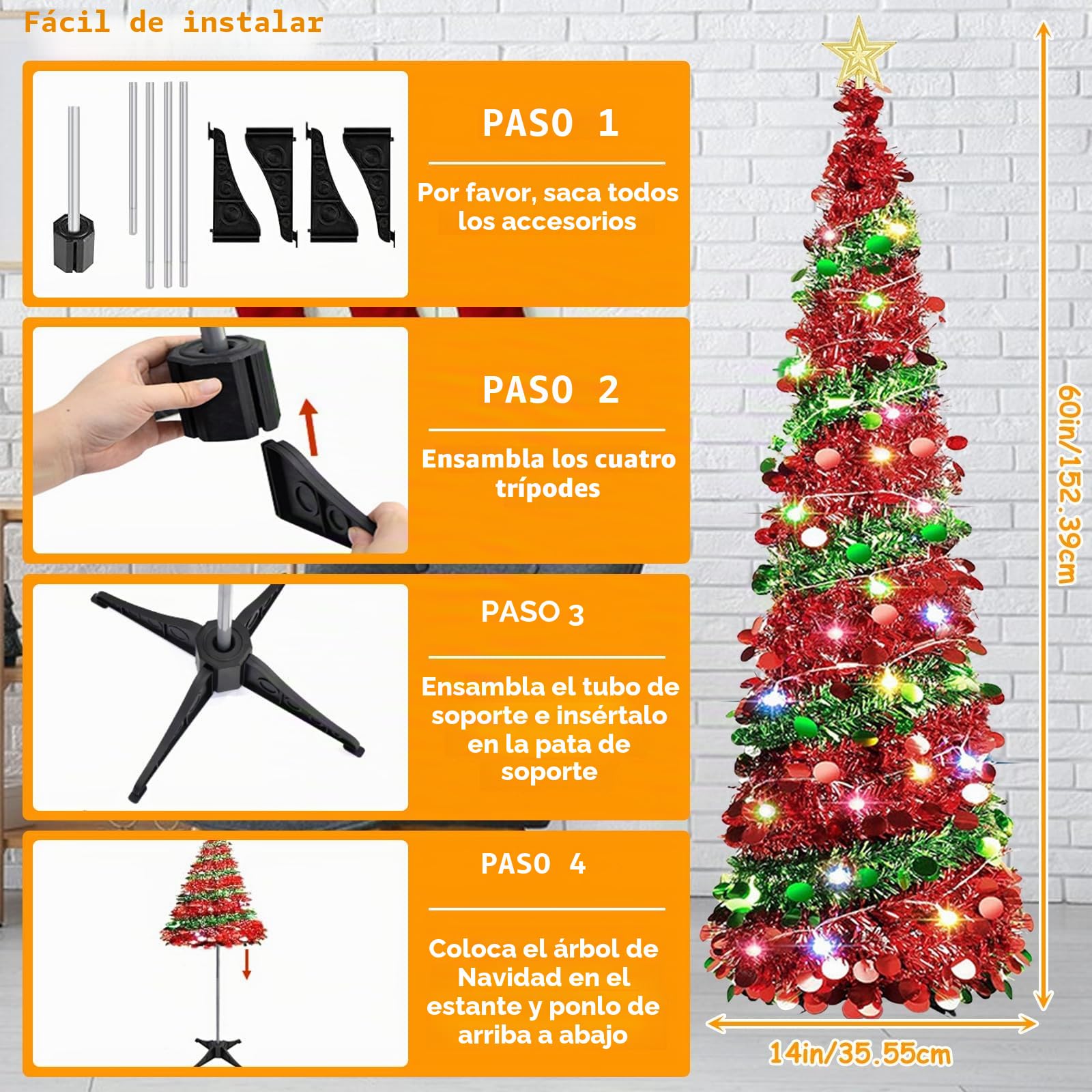 Árbol de Navidad con Luces, 152 cm Arbol de Navidad Plegable Arvore de Natal con Luz Arbols de Navidads Artificial con Soporte, Estrella Superior y 5 m de Luces de Hadas, Decoración Navideña (02)