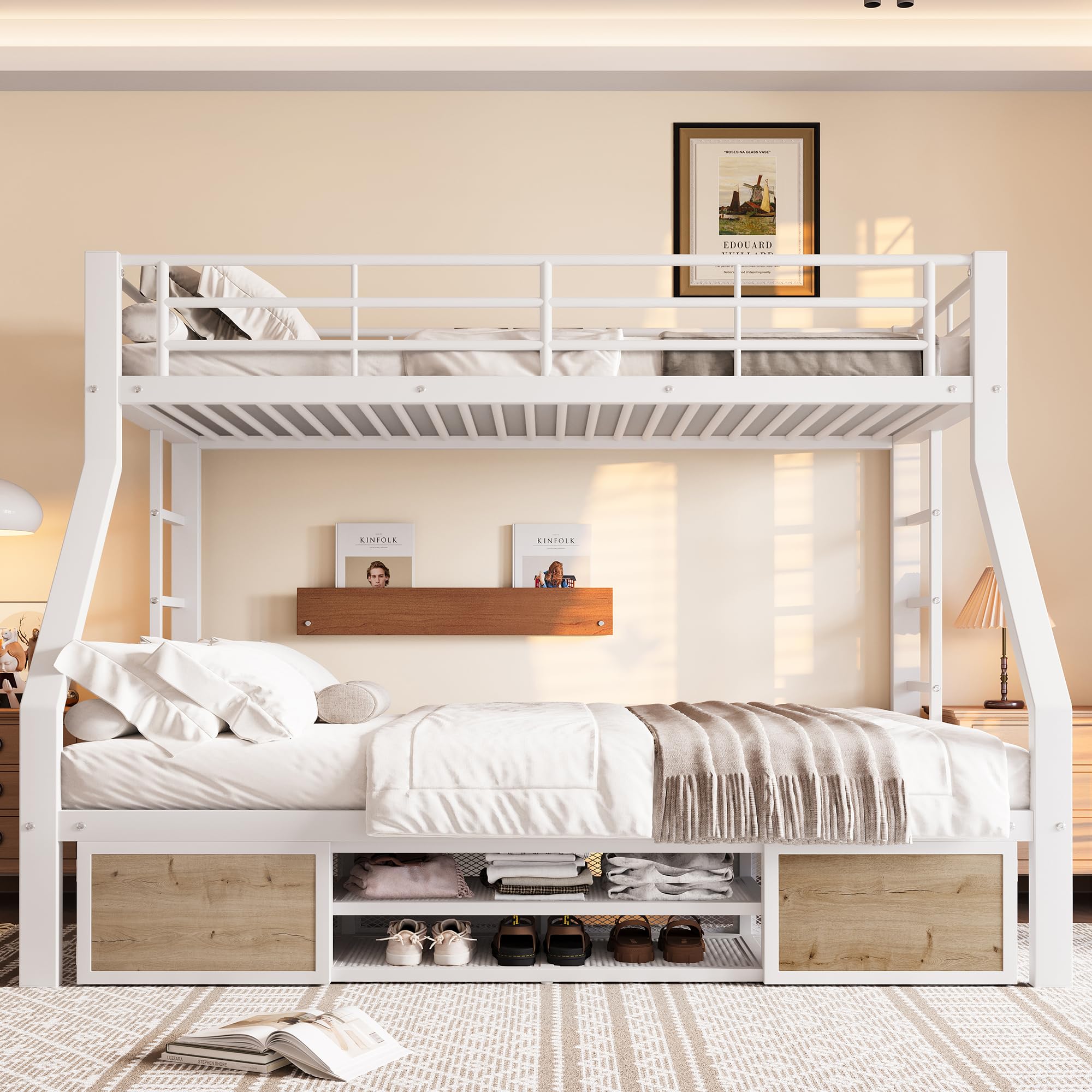 Sapgaks Lit superposé Enfants en Fer 90/140x200cm avec étagère à Chaussures,Compartiments Porte-Objets,Garde-Corps de sécurité,échelle,lit 2 Personne,Cadre de lit Enfant avec sommier(E-Blanc)