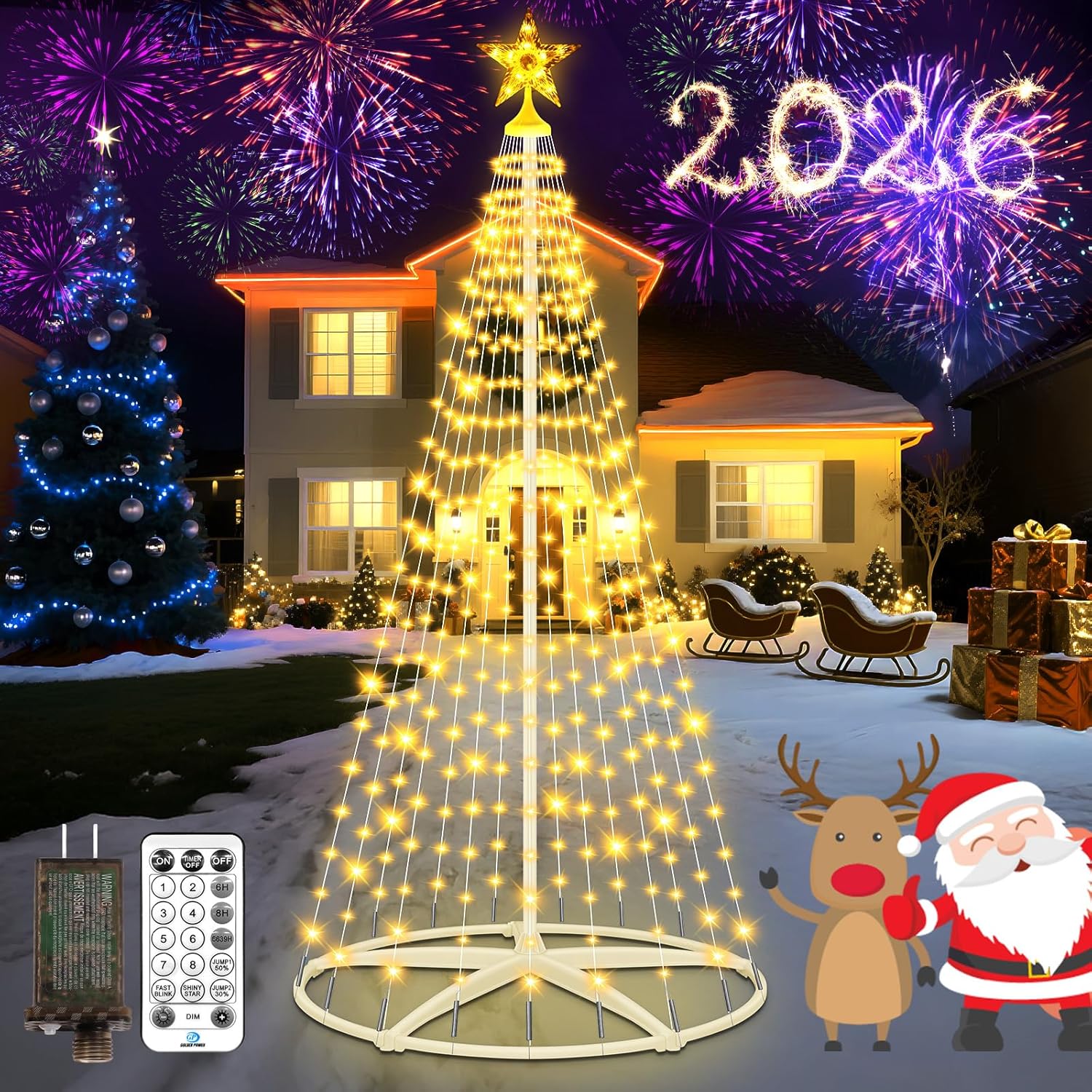 Christmas Cone Tree Light, 7.5ft 310 LED Artificial Tree 12 Lighting Modes with Star Topper, DIY LED Lights with Remote Control for Party Indoor Outdoor Decorations， Warmwhite