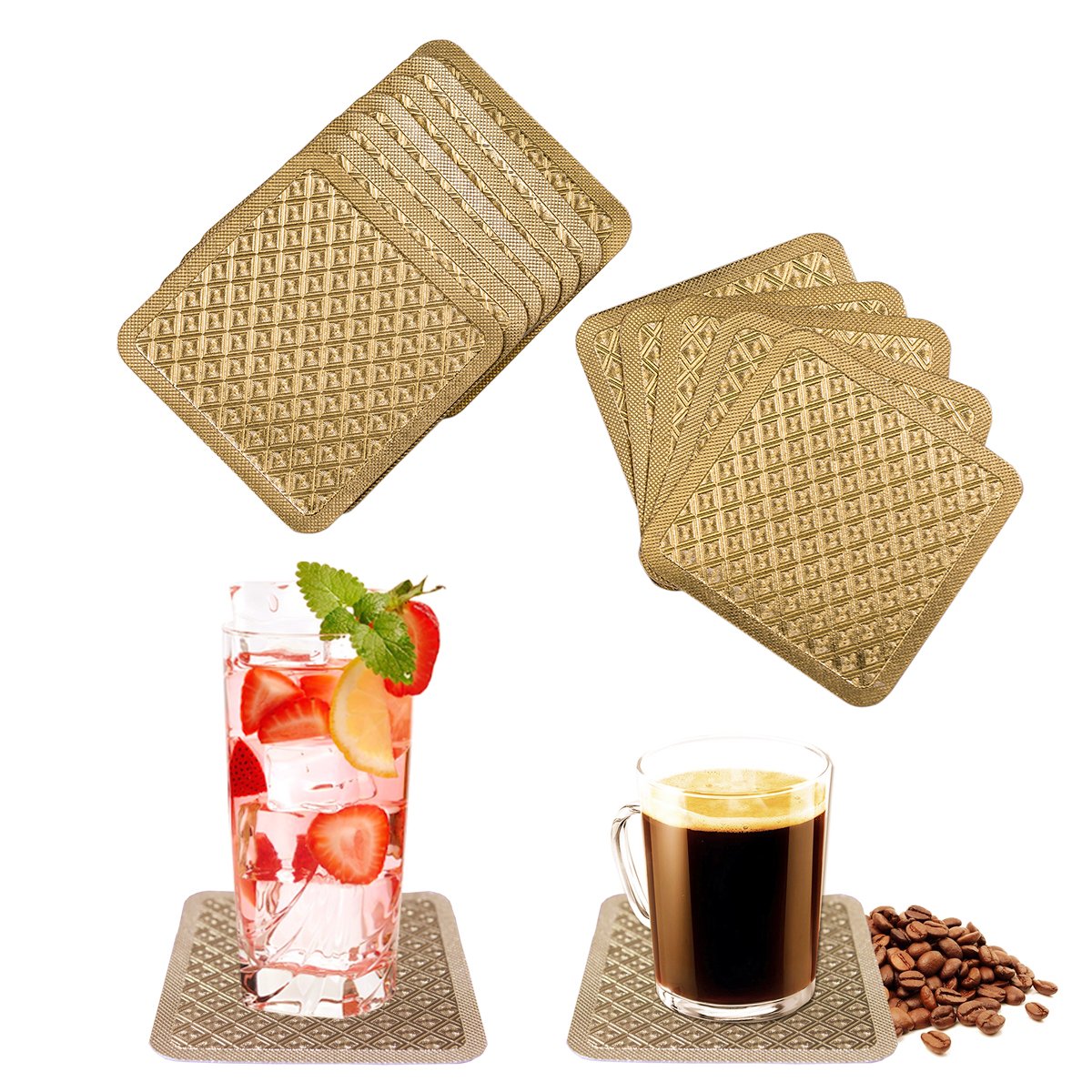 ELDETU Premium PVC 3D Gold Rhombic Bump Texture Gold Pattern Drink Coasters Set of 12 Waterproof Oil Proof High Temperature Resistance,A5
