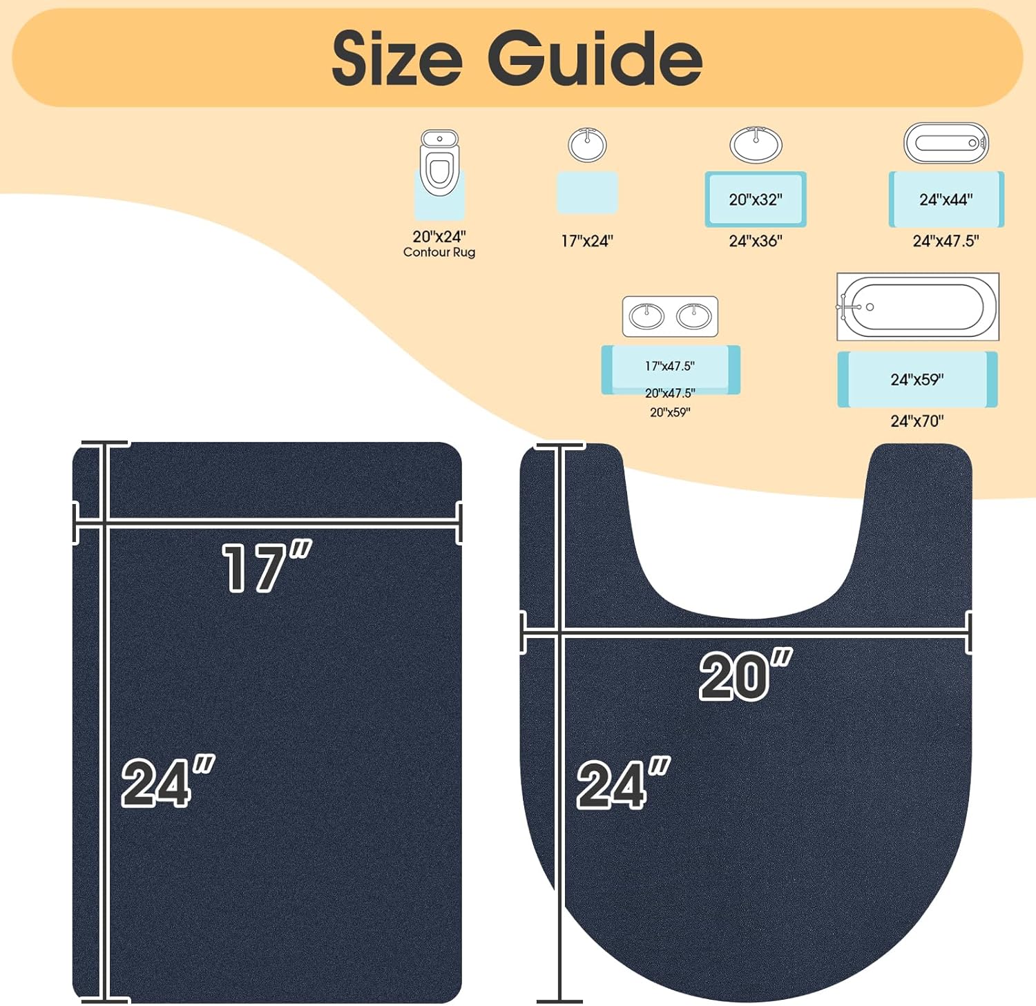 Ultra Thin Bath Mat, Upgrade Backing Non Slip Thin Bath Mats Fit Under Door, Quick Dry Ultra Absorbent Bathroom Rugs, Machine Washable Bath Rugs for Bathroom, Bathtub, Dark Blue/Solid/2 Piece - Image 2