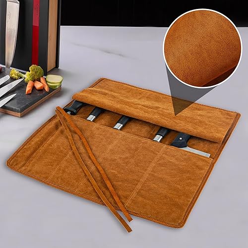 Miniatura 6 de Bolsa enrollable de cuero auténtico, 5 cuchillos y utensilios de cocina, perfecta para el chef viajero, bolsa de rollo de herramientas de viaje, no