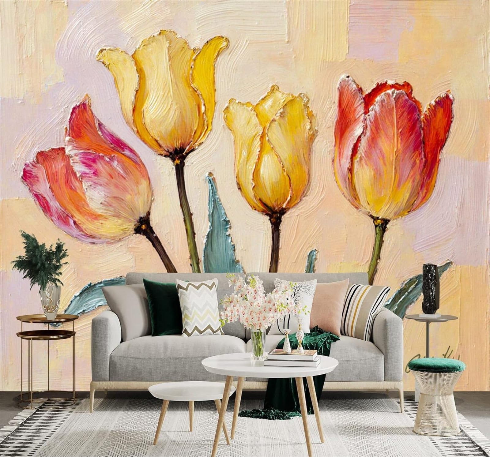 XLMING Hand Drawn Beautiful Watercolour Tulips Art 3D Wallpaper Silky Texture Home Study Office Grey Dining Room Sofa Bedroom Living Room TV Backdrop-150cm×105cm