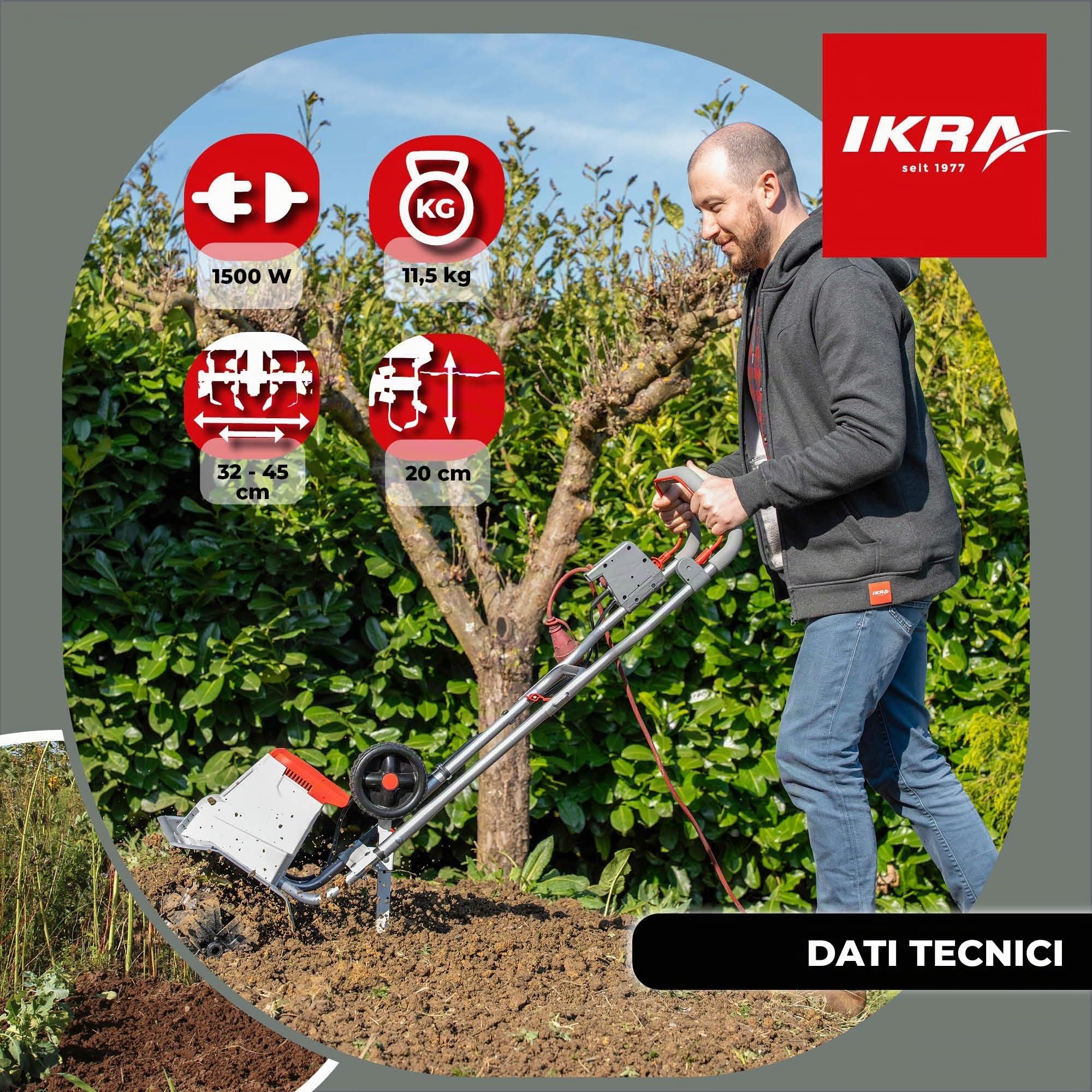 IKRA motozappa elettrica IEM 1500, larghezza regolabile 32 e 45 cm | Prepara il terreno alla semina, 1500W, 20 cm, sperone frenante, ruota trasporto, pieghevole, protezione sovraccarico