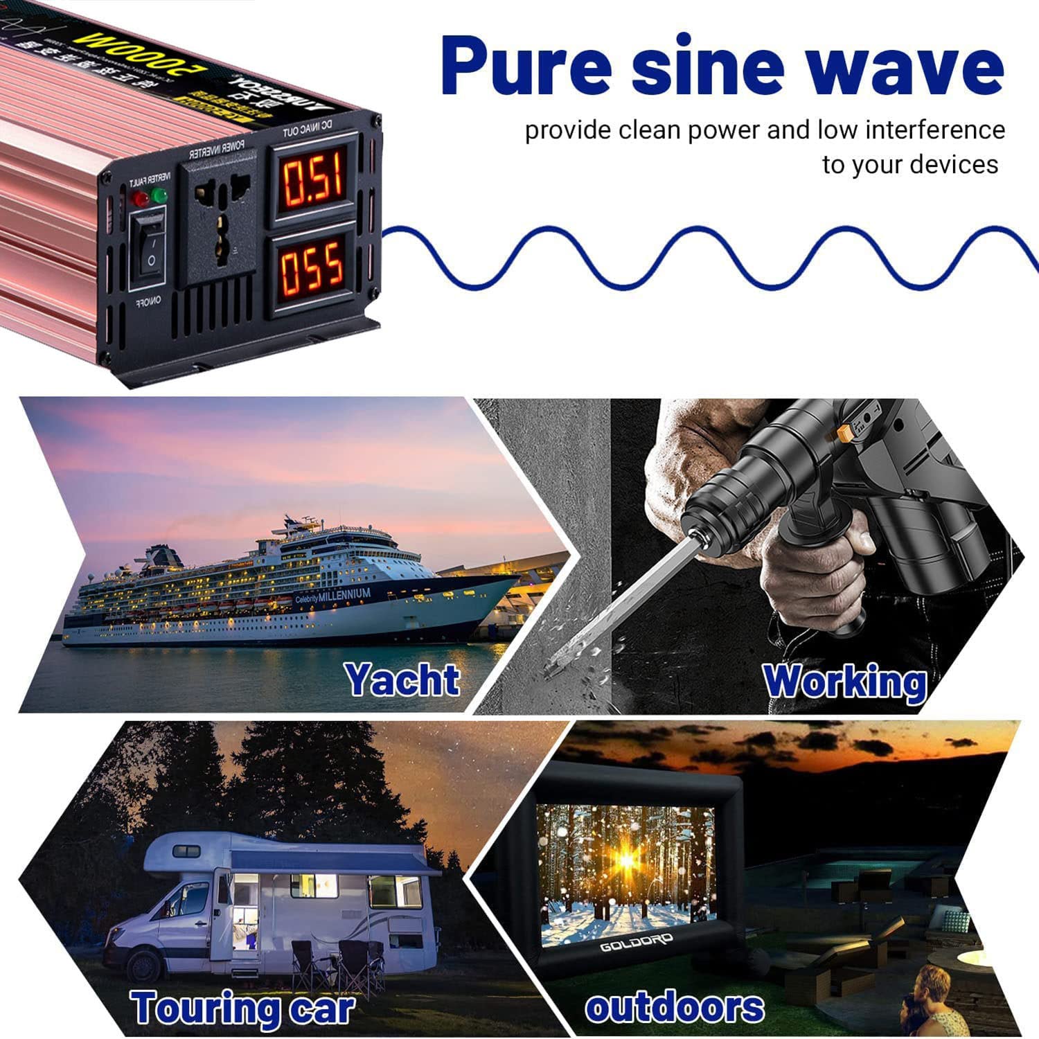 Przetwornica sinusoidalna 1600W 2600W 3200W 4000W 5000W 6000W 7000W 8000W 10000W przetwornica napięcia 12V 24V 48V 60V 72V na 230V przetwornica prądu przetwornica z gniazdami AC,ekran LCD,10000W-12V