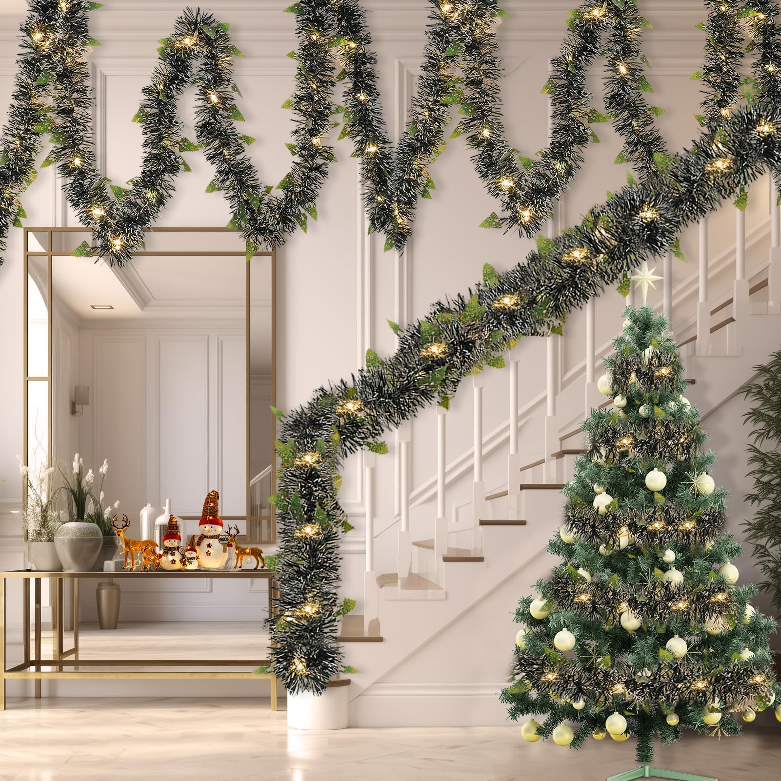 Weihnachtsgirlande mit Beleuchtung, 5M Weihnachtsdeko Girlande Weihnachten Outdoor, LED Weihnachtsdeko Innen Aussen Weihnachtsgirlande, Türgirlande