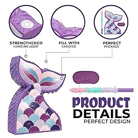 Birchio Mermaid Tail Pinatas Bundle with a Blindfold and a Bat (16.5 x 12 x 4 Inches), Perfect for kid\'s Birthday Parties, Mermaid Theme Parties for Girls, Decorations