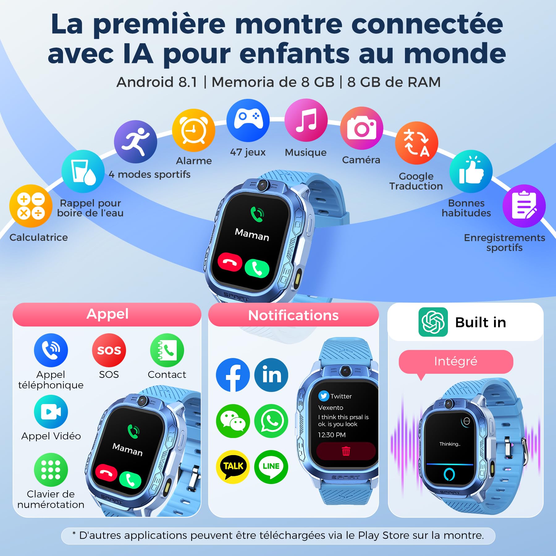 Montre Connectée Enfant GPS et Téléphone – ChatGPT AI Montre Intelligente avec Appels Vidéo, Chat Vocal, SMS, WiFi, 47 Jeux, Mode Scolaire, 4 Modes Sportifs, Cadeau pour Enfants dès 4-13 Ans (Bleu)