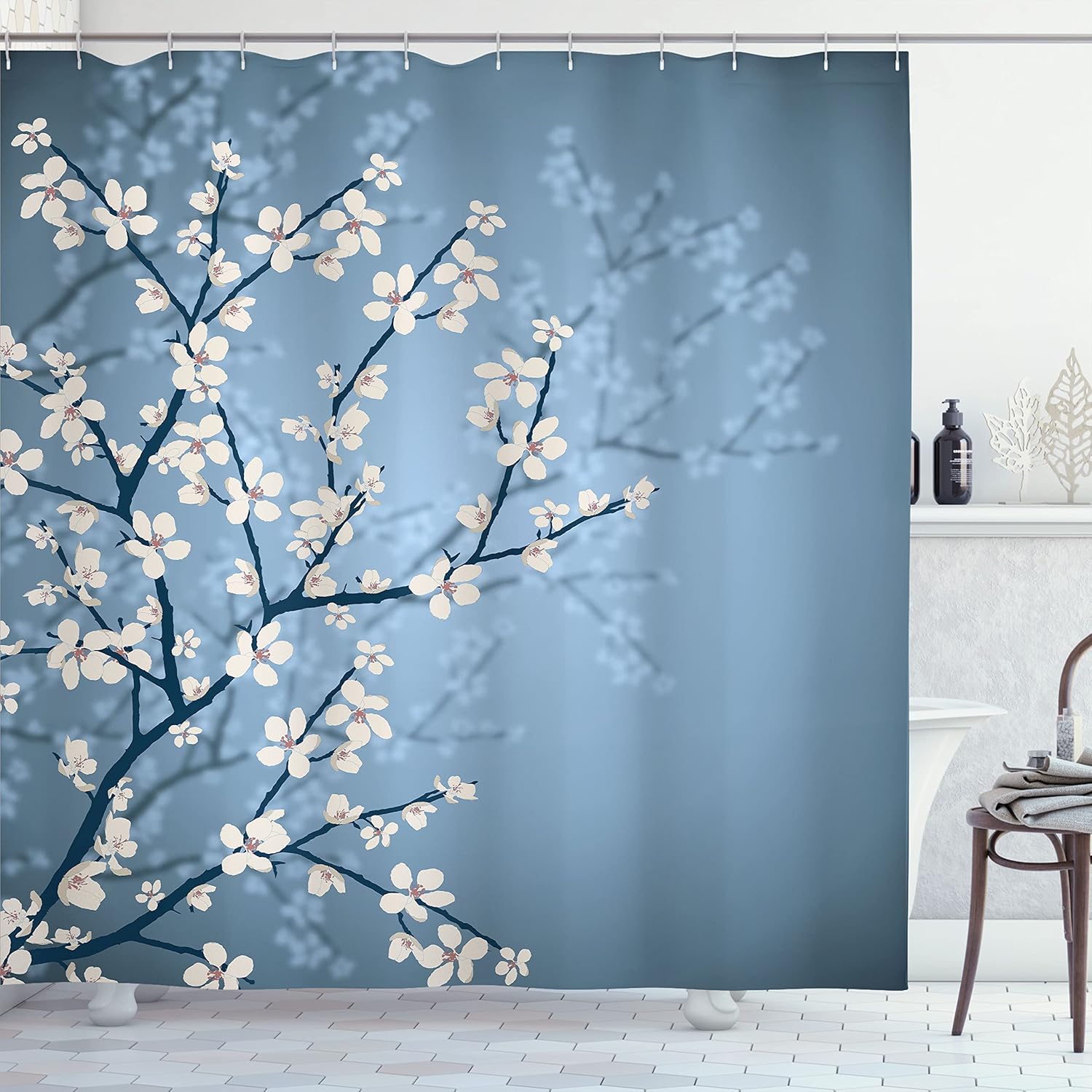 Ambesonne Japanese Shower Curtain, Spring Season Sakura Bloom Design Romantic Cherry Blossom on Blurry Branches, Cloth Fabric Bathroom Decor Set with Hooks, 69" W x 70" L, Blue Grey Ivory