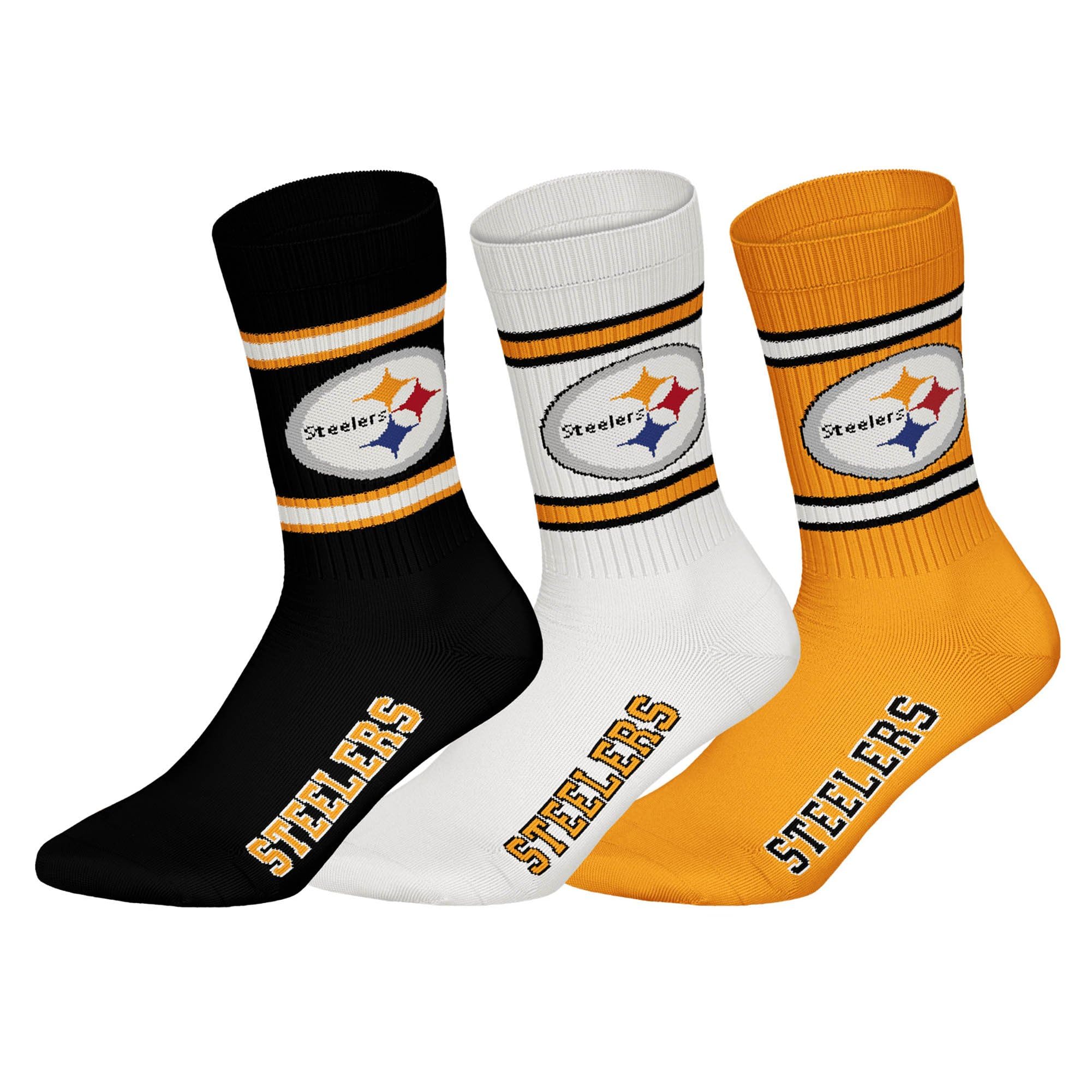 NFL Pittsburgh Steelers 3pk Crew Socks, Black/White/Yellow, 43-46