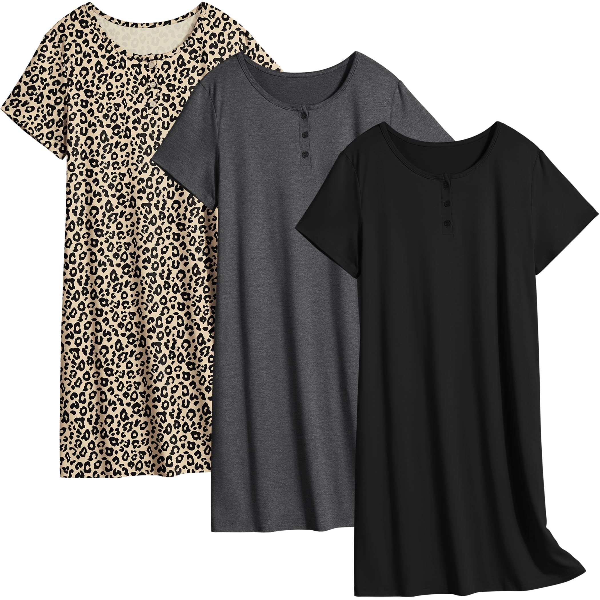 Ekouaer 3 Pack Women's Sleepshirts Soft Sleepwear Short Sleeve T-Shirt Nightgowns Casual Sleepdress Nightshirts