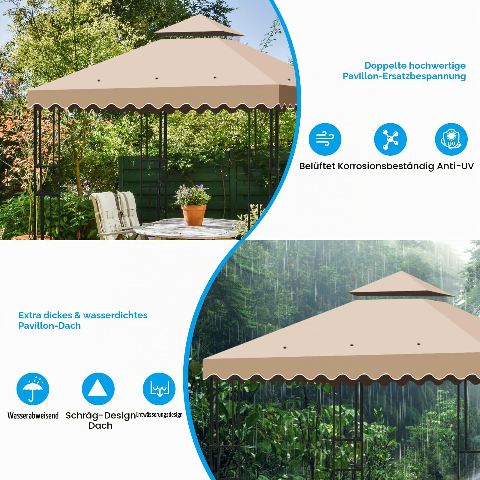 Ersatzdach Pavillon 3 x 3 m, Wasserdicht Pavillon Dach 300D Polyestergewebe für Gartenpavillon mit Air Vent, Doppeldach UV-Schutz-Sonnenschutz für Garten und Camping
