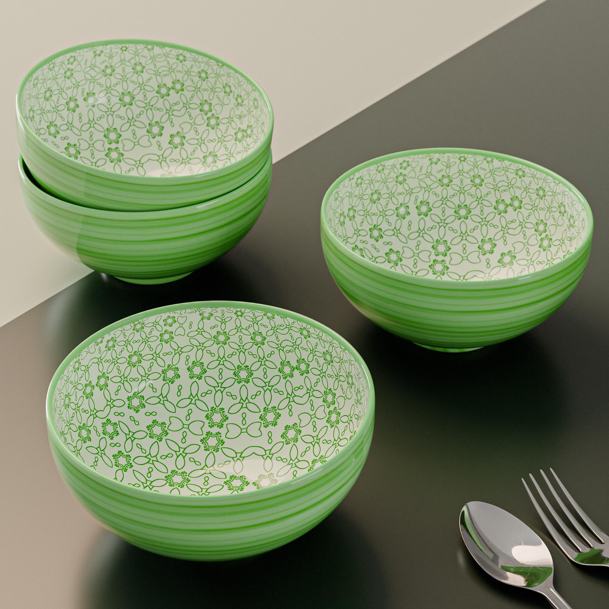 The Earth Store Multipurpose Ceramic Bowl Set of 4, 330 ML Each | Green Motif Bowl Dishwasher Safe & Microwave Safe, Ideal for Snacks, Vegetable, Dal, Fruits, Salad, Gifting & Daily Use