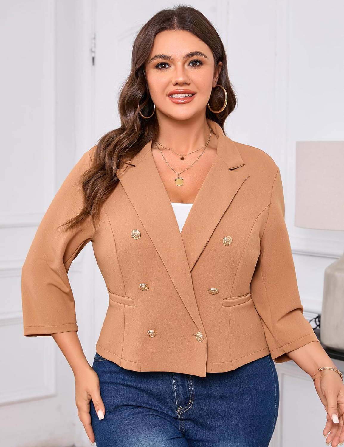 Women's Plus Size Blazer Double Breasted 3/4 Sleeve Open Front Casual Blazer Work Office Suit Jacket with Pocket